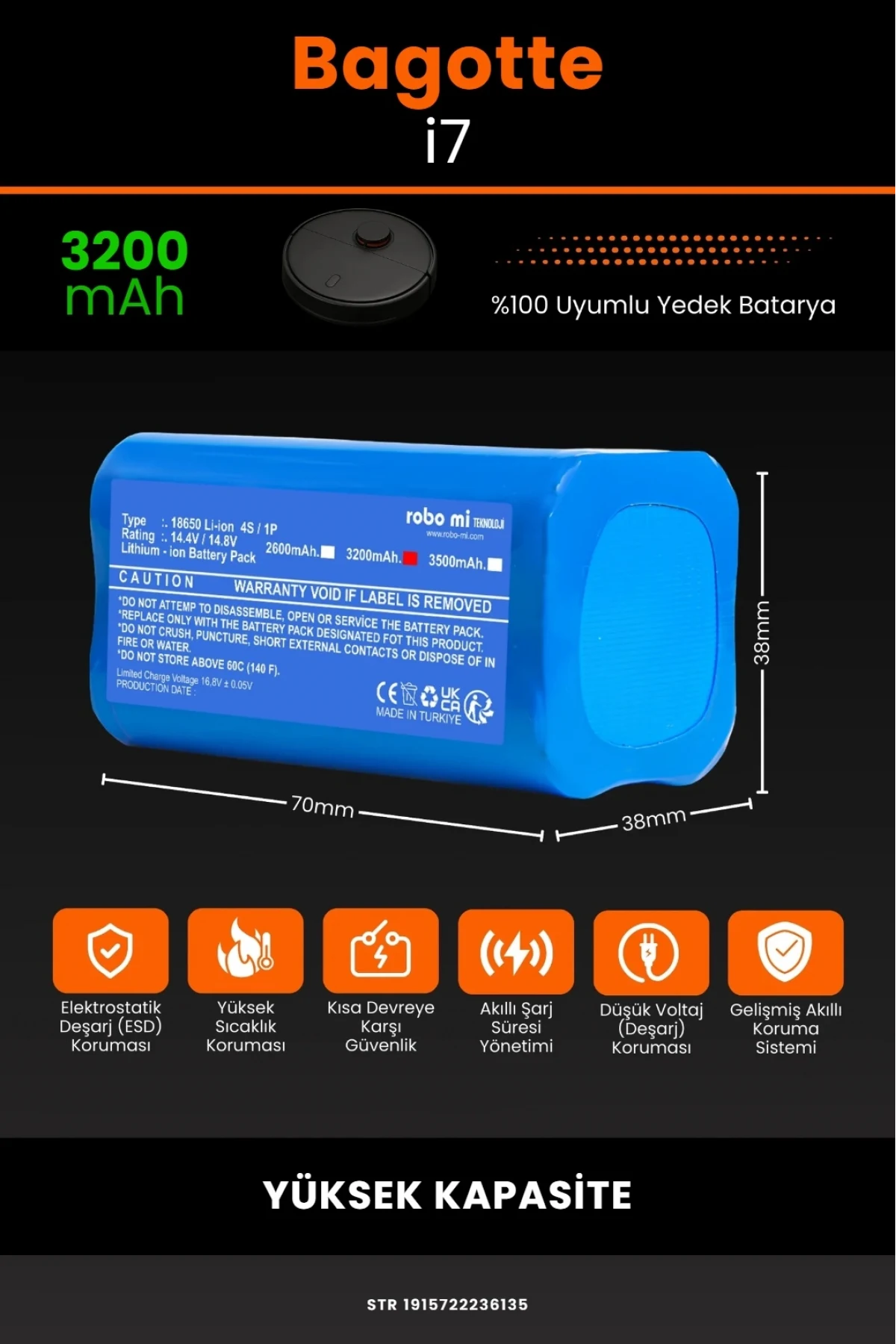 Bagotte İ7 Uyumlu 3200mAh Yüksek Kapasiteli Lityum Robot Süpürge Bataryası