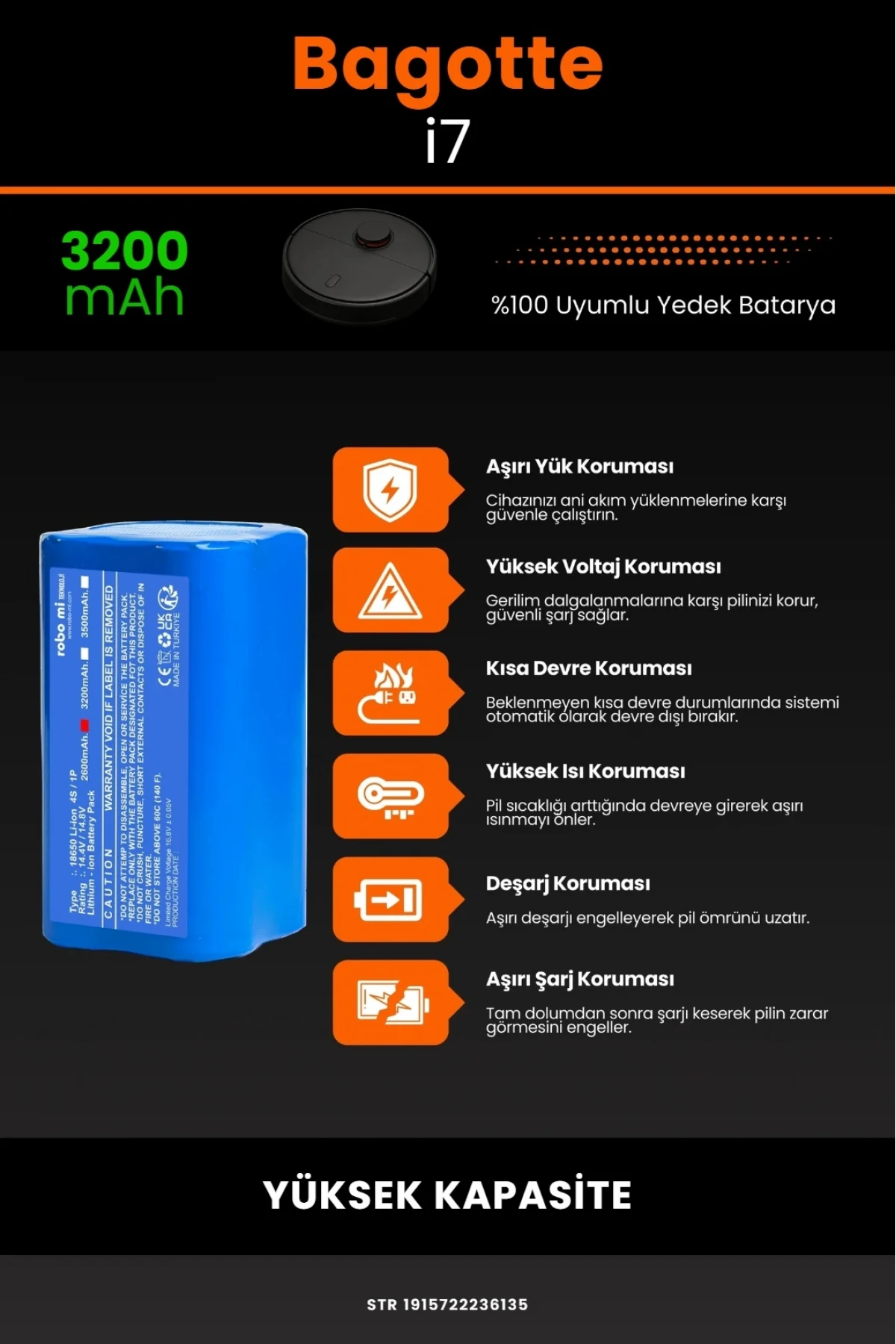 Bagotte İ7 Uyumlu 3200mAh Yüksek Kapasiteli Lityum Robot Süpürge Bataryası