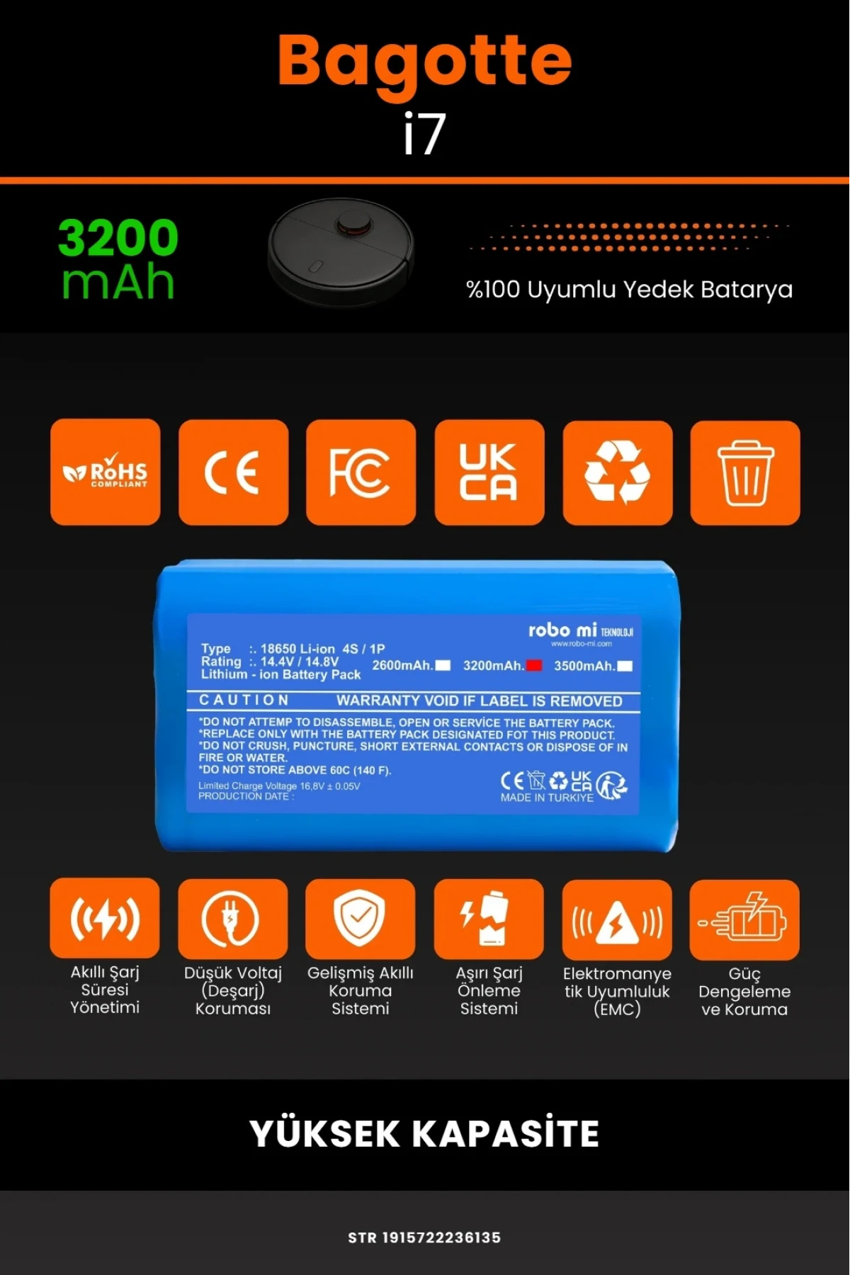 Bagotte İ7 Uyumlu 3200mAh Yüksek Kapasiteli Lityum Robot Süpürge Bataryası