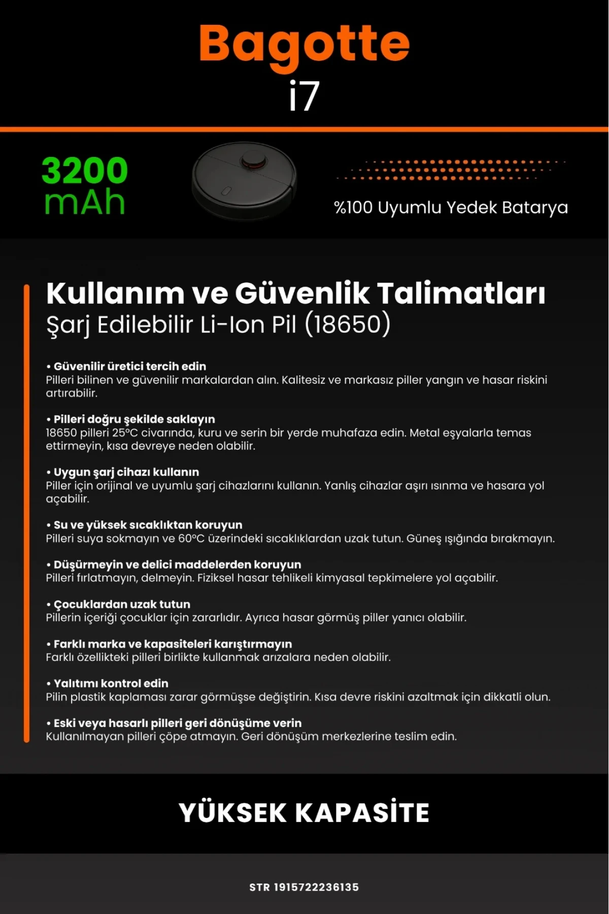 Bagotte İ7 Uyumlu 3200mAh Yüksek Kapasiteli Lityum Robot Süpürge Bataryası