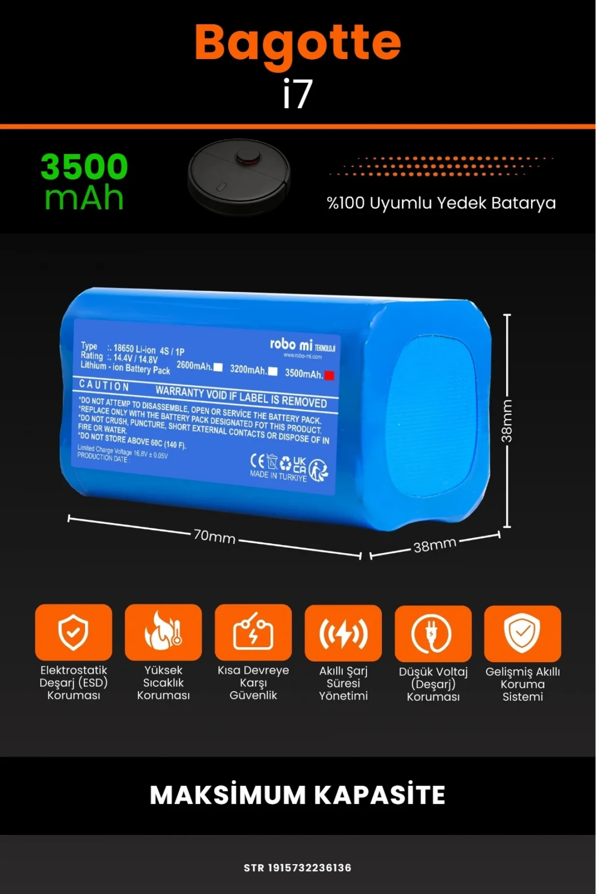 Bagotte İ7 Uyumlu 3500mAh Maksimum Kapasiteli Lityum Robot Süpürge Bataryası