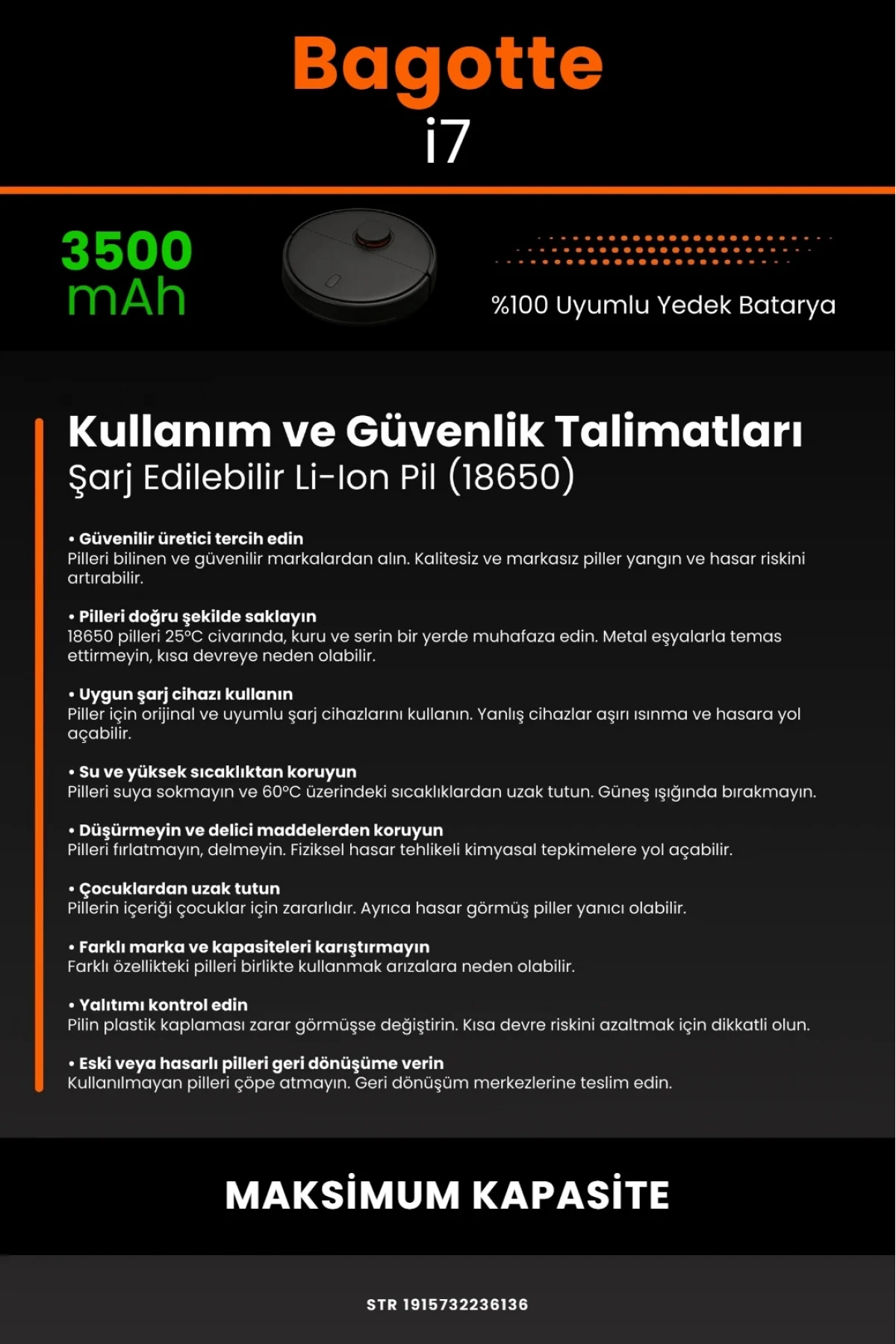Bagotte İ7 Uyumlu 3500mAh Maksimum Kapasiteli Lityum Robot Süpürge Bataryası