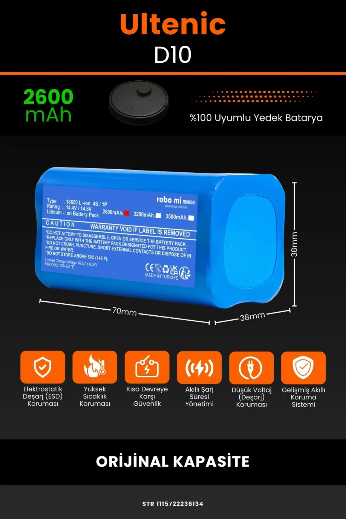 Ultenic D10 Robot Süpürge Uyumlu 2600mAh Orijinal Kapasiteli Lityum Pil