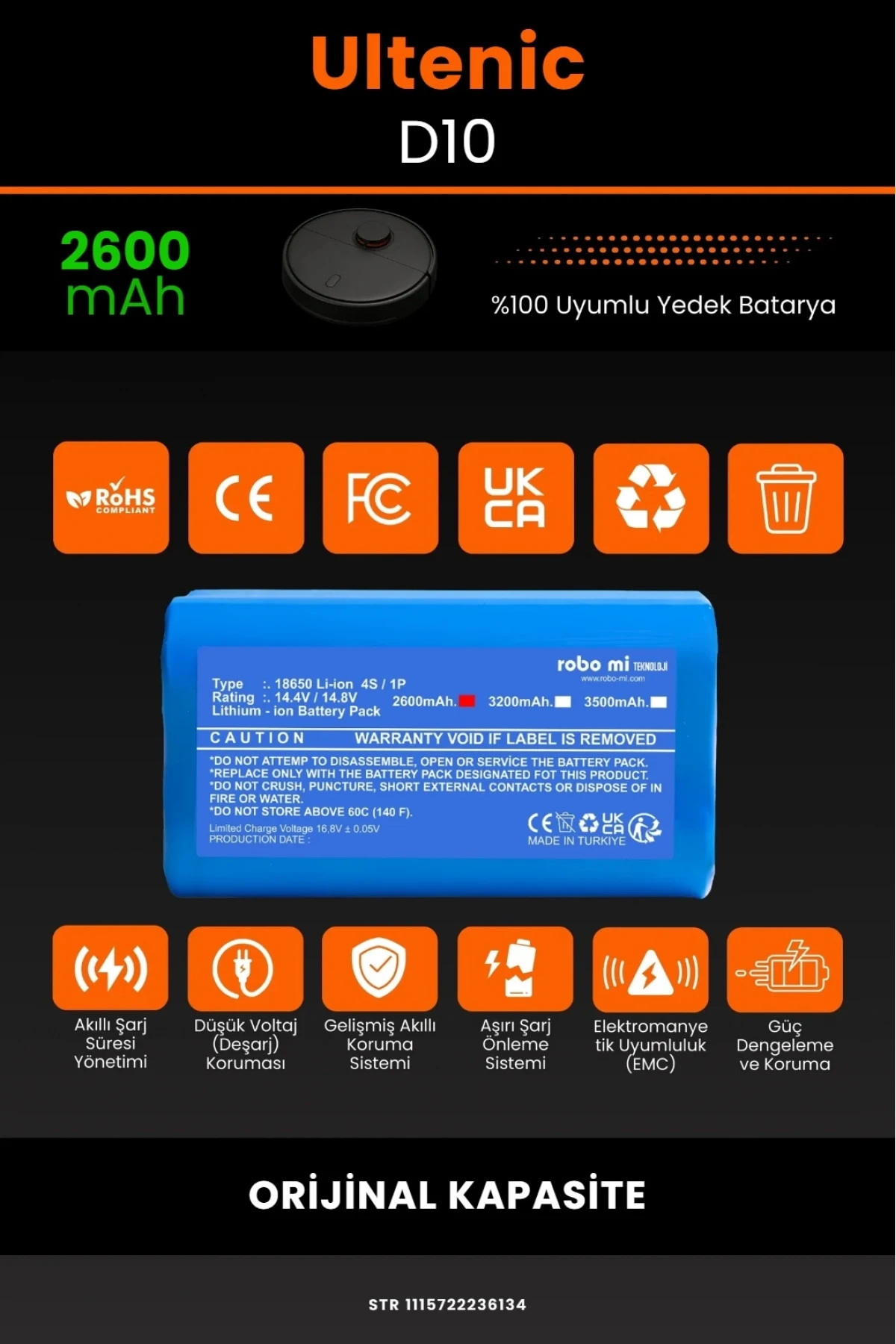 Ultenic D10 Robot Süpürge Uyumlu 2600mAh Orijinal Kapasiteli Lityum Pil