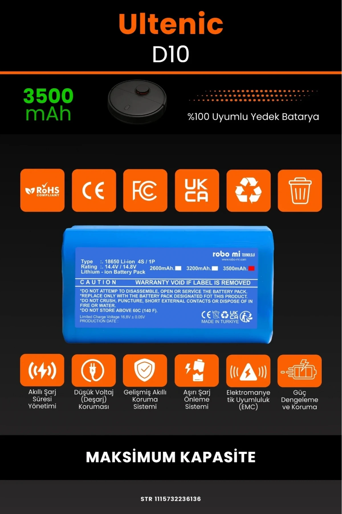 Ultenic D10 Robot Süpürge Uyumlu 3500mAh Maksimum Yüksek Kapasiteli Lityum Pil