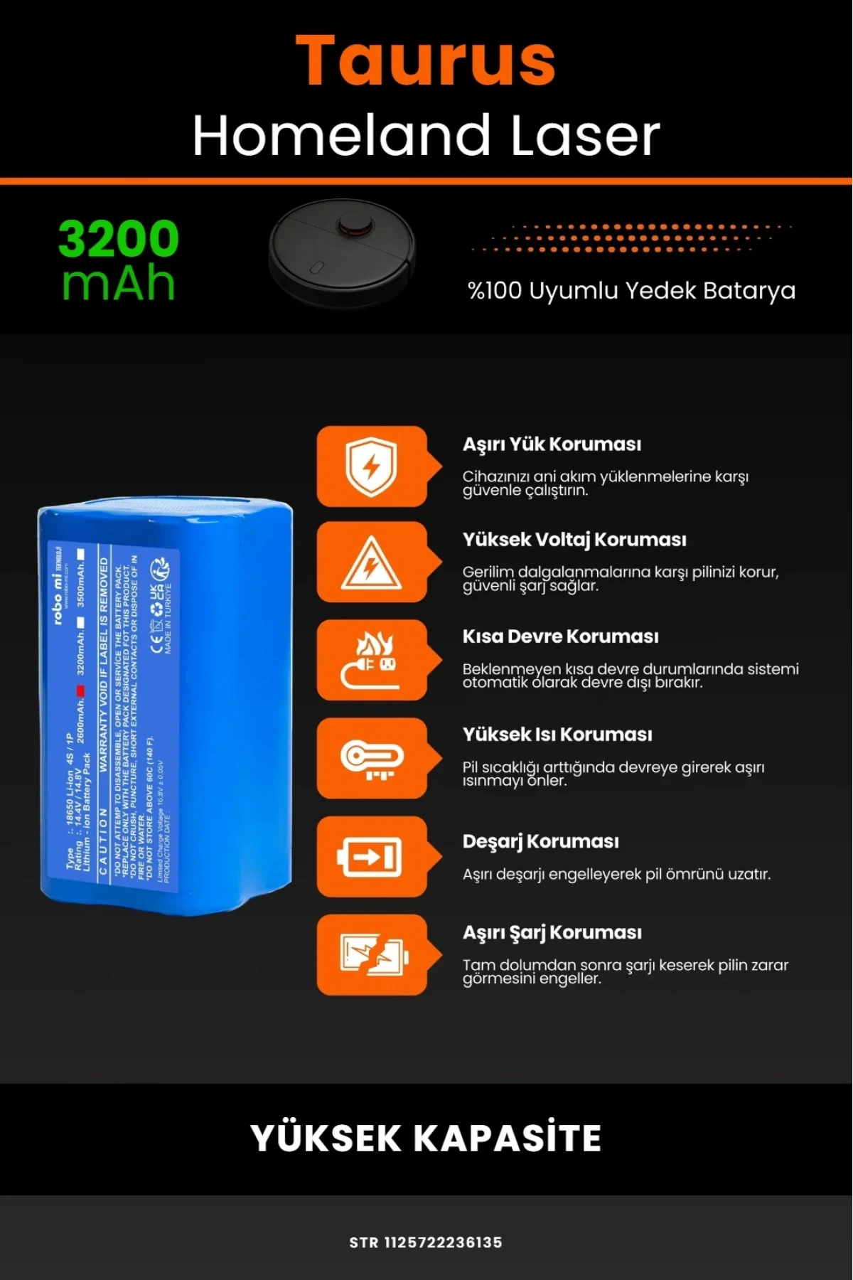 Taurus Homeland Laaser Robot Vacuum Uyumlu 3200mAh Yüksek Kapasiteli Lityum Pil