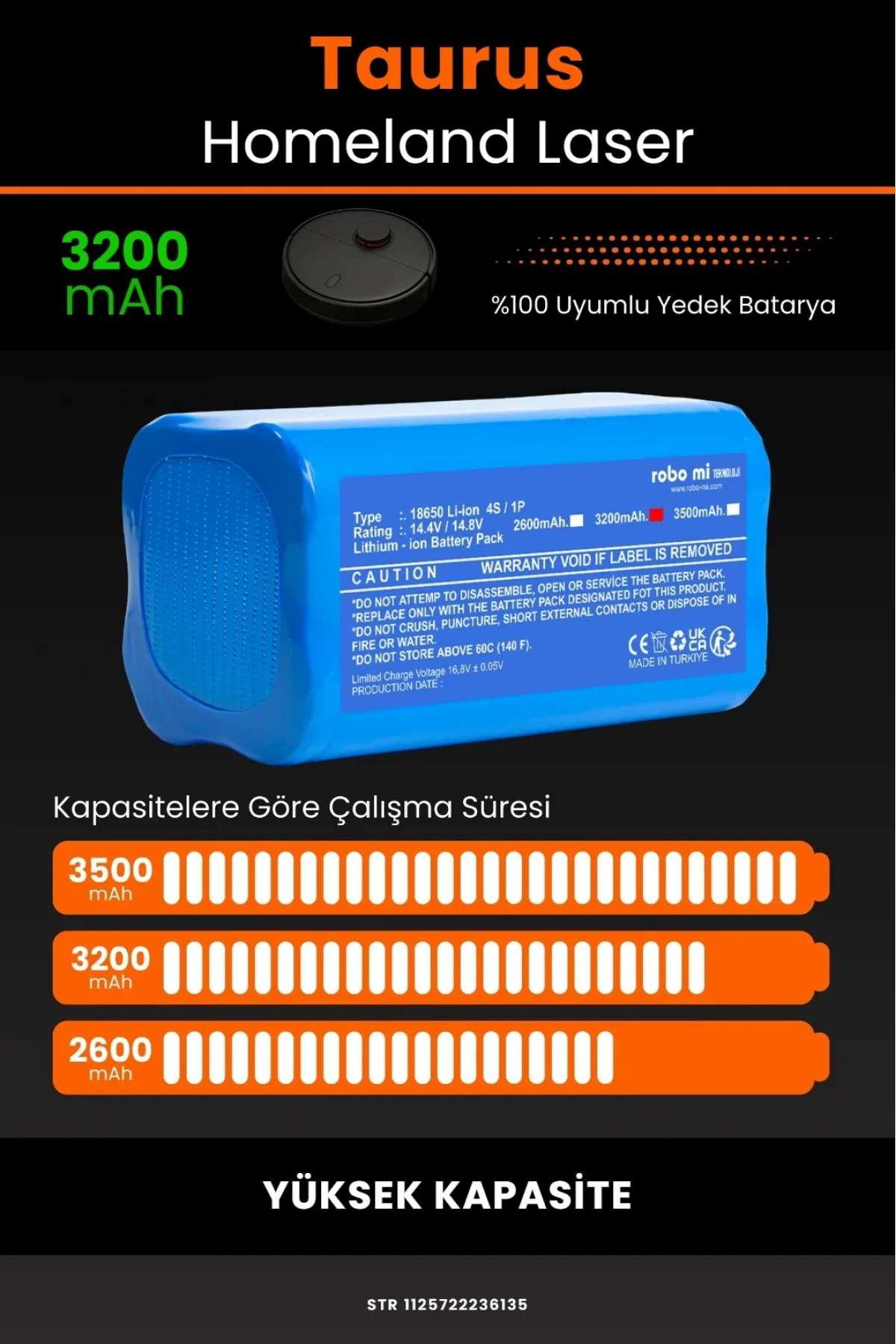 Taurus Homeland Laaser Robot Vacuum Uyumlu 3200mAh Yüksek Kapasiteli Lityum Pil