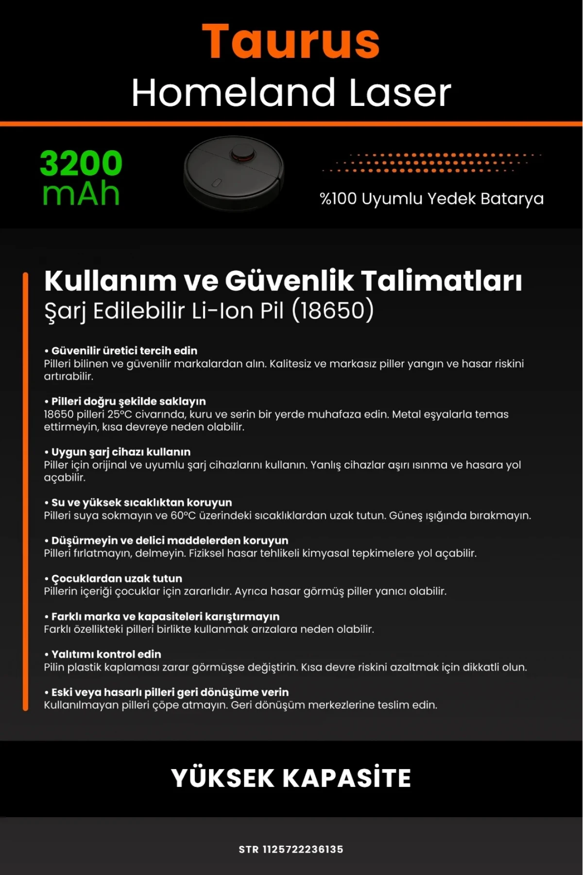 Taurus Homeland Laaser Robot Vacuum Uyumlu 3200mAh Yüksek Kapasiteli Lityum Pil