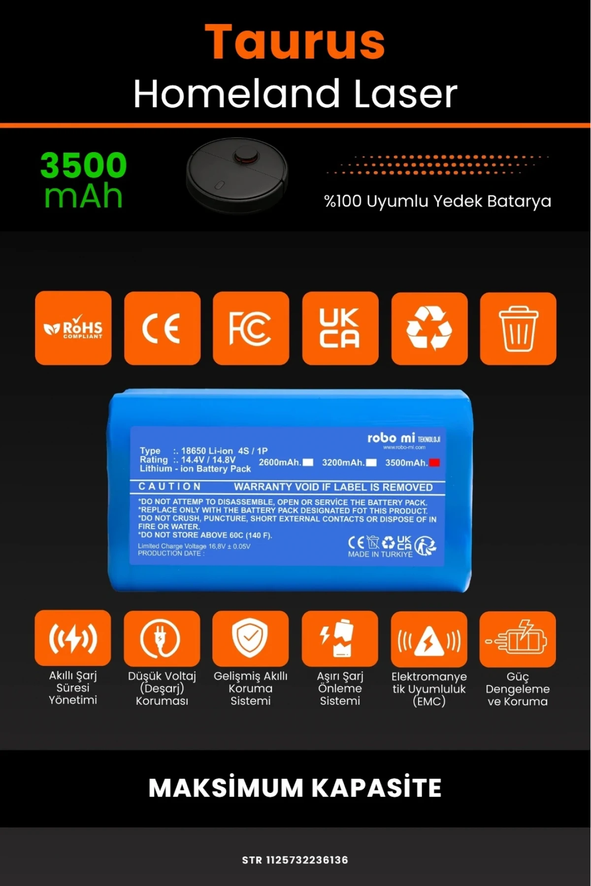 Taurus Homeland Laaser Robot Vacuum Uyumlu 3500mAh Maksimum Yüksek Kapasiteli Lityum Pil