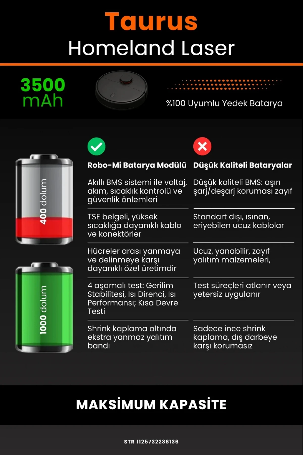 Taurus Homeland Laaser Robot Vacuum Uyumlu 3500mAh Maksimum Yüksek Kapasiteli Lityum Pil