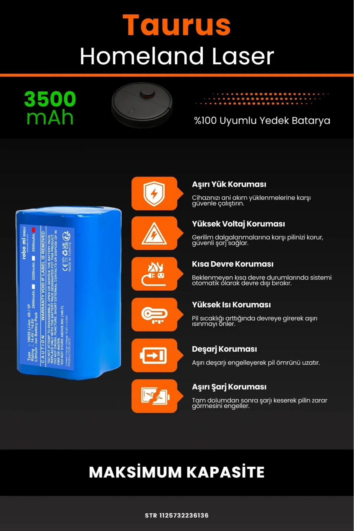 Taurus Homeland Laaser Robot Vacuum Uyumlu 3500mAh Maksimum Yüksek Kapasiteli Lityum Pil