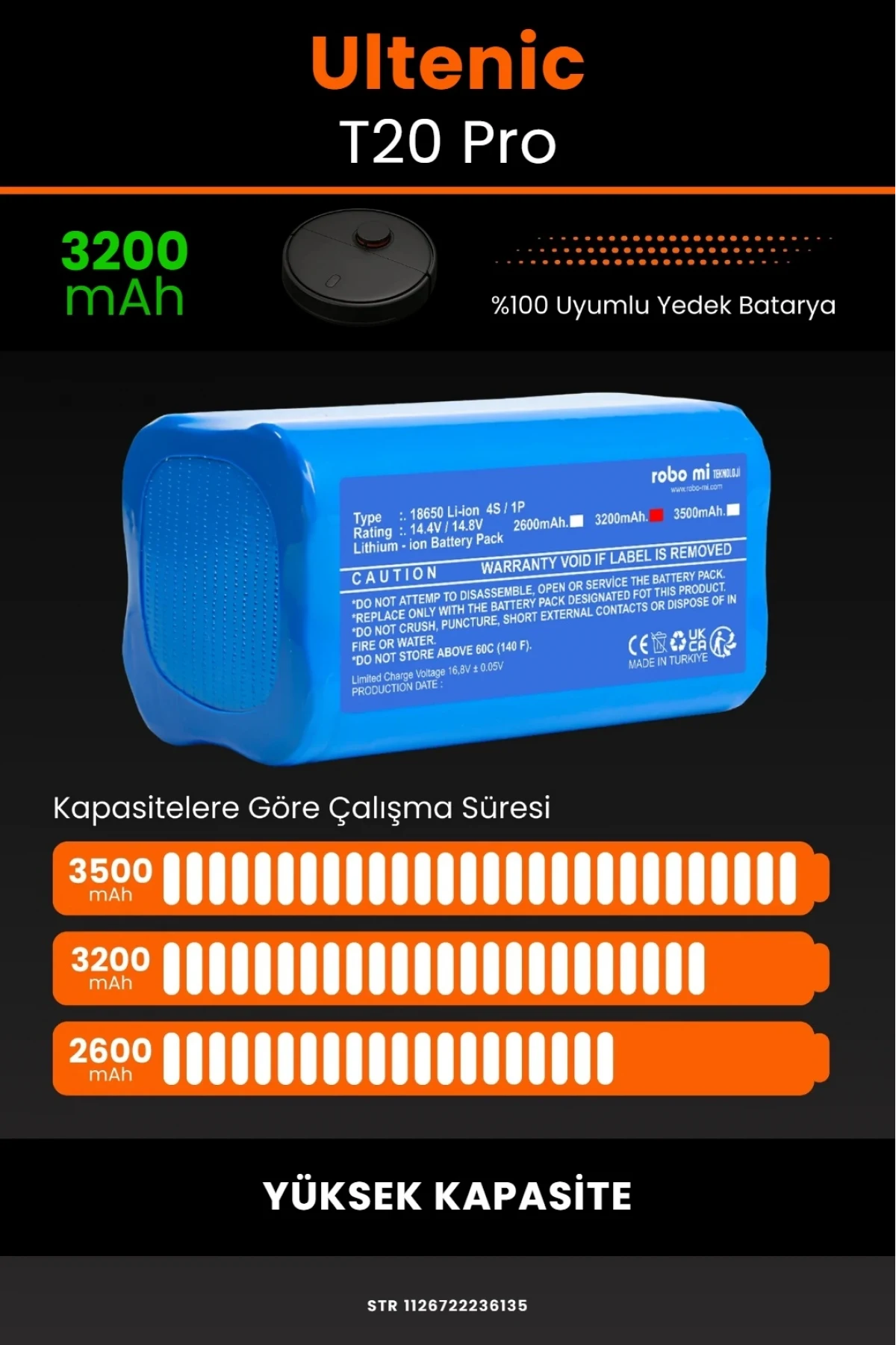 Ultenic T20 Pro Uyumlu 3200mAh Yüksek Kapasiteli Lityum batarya