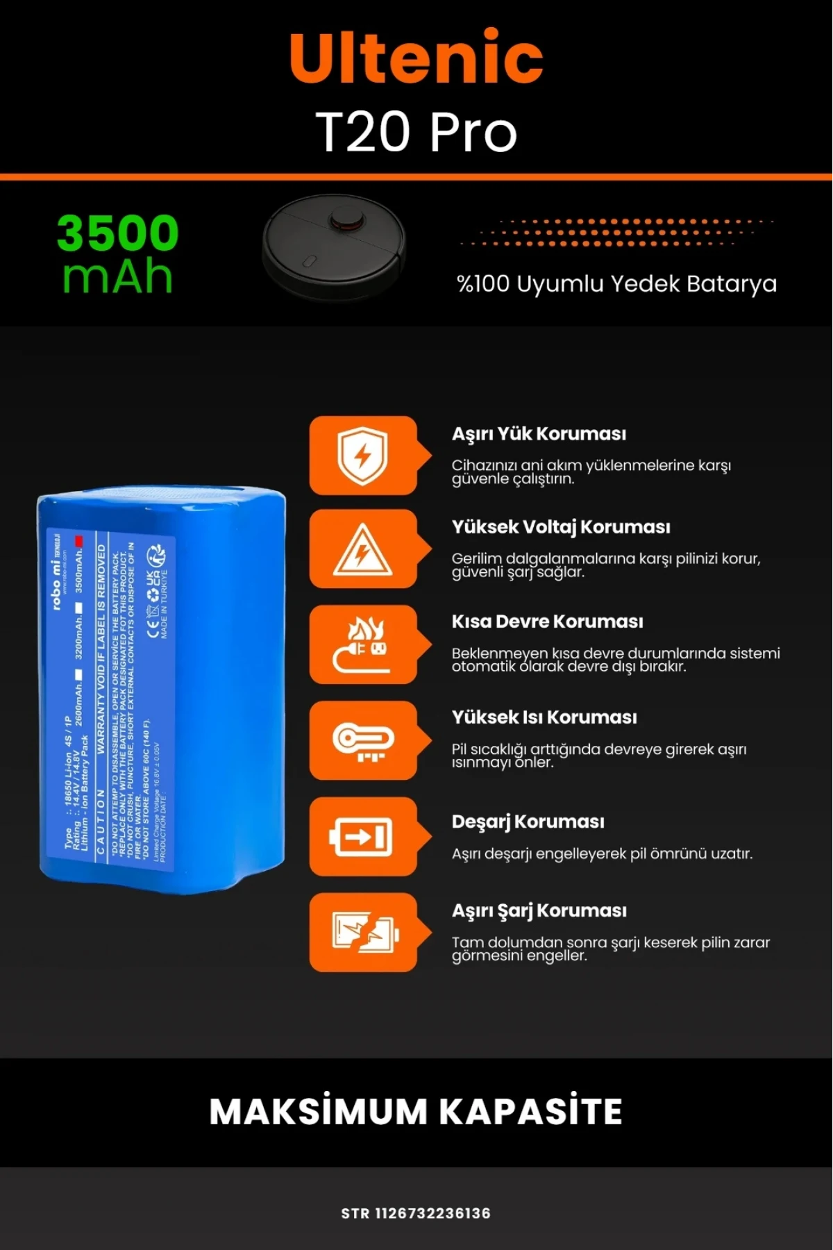 Ultenic T20 Pro Uyumlu 3500mAh Maksimum Yüksek Kapasiteli Lityum batarya