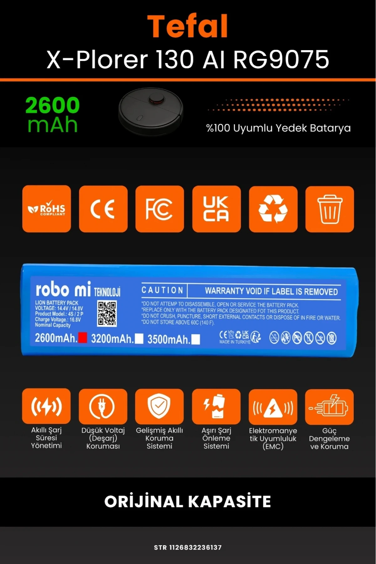 Tefal X-Plorer Serie 130 AI RG9075 Uyumlu 2600mAh Orijinal Kapasite Robot Süpürge Bataryası