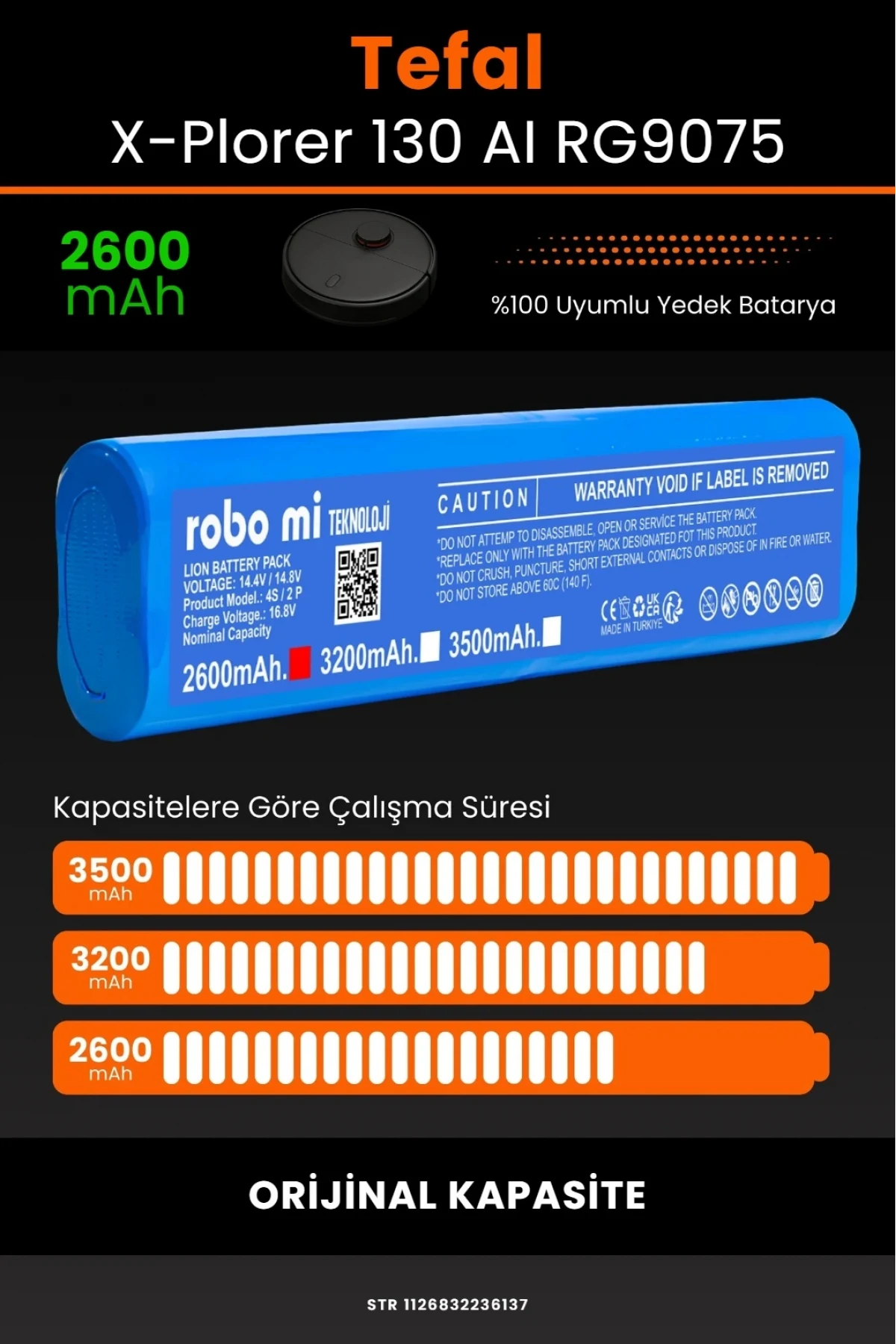 Tefal X-Plorer Serie 130 AI RG9075 Uyumlu 2600mAh Orijinal Kapasite Robot Süpürge Bataryası