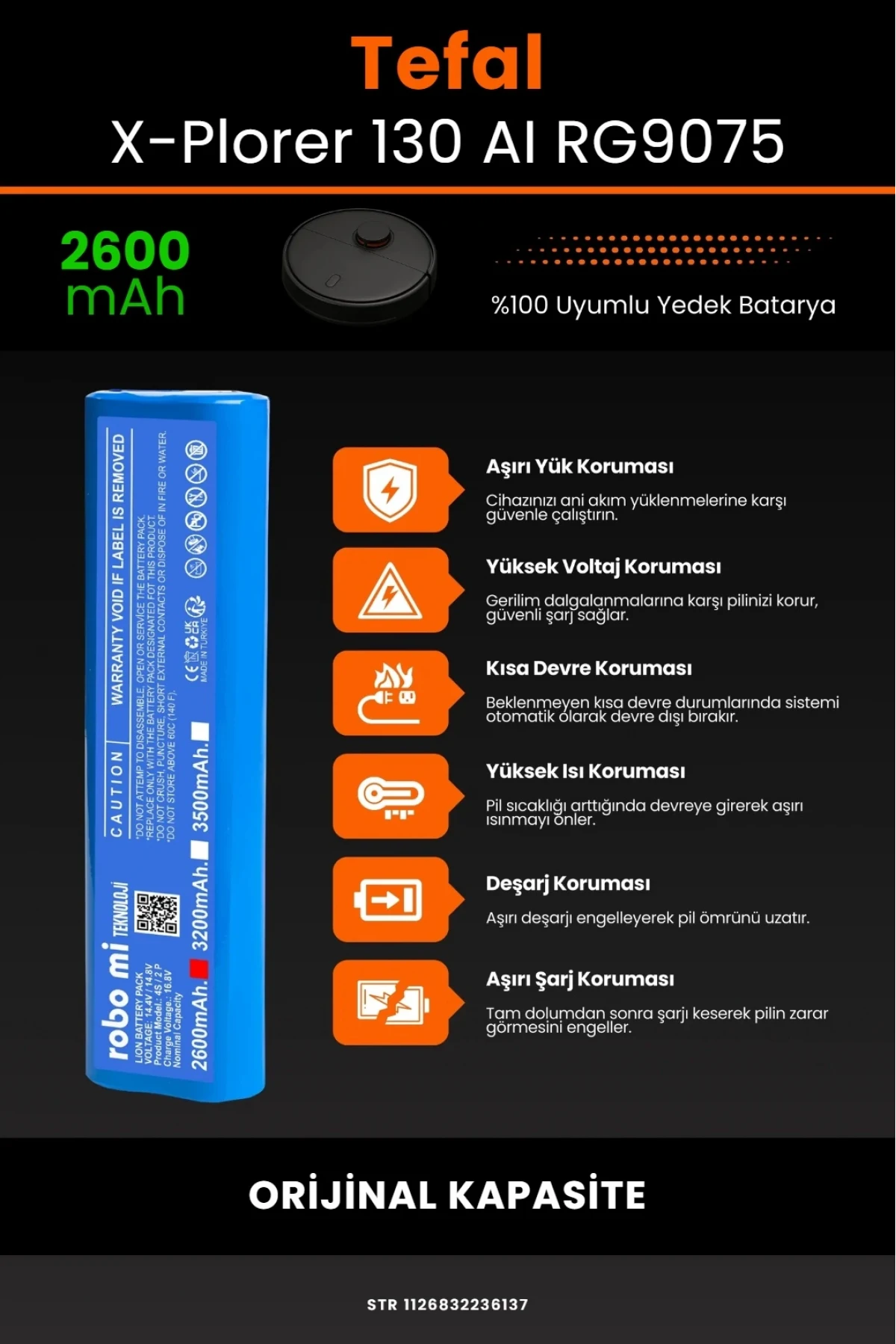 Tefal X-Plorer Serie 130 AI RG9075 Uyumlu 2600mAh Orijinal Kapasite Robot Süpürge Bataryası