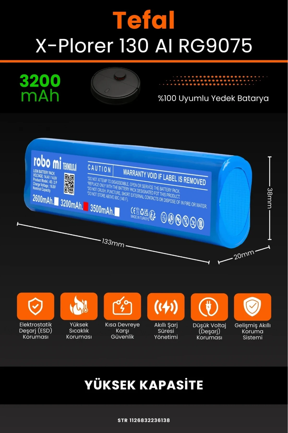 Tefal X-Plorer Serie 130 AI RG9075 Uyumlu 3200mAh Yüksek Kapasite Robot Süpürge Bataryası