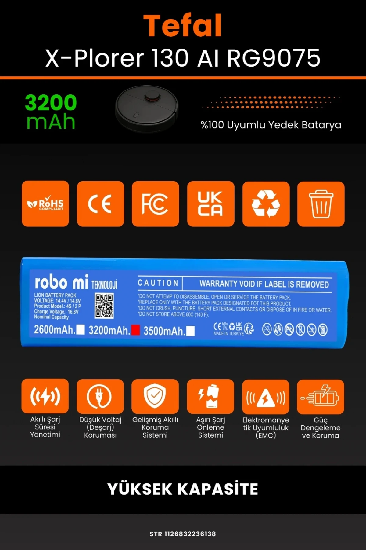 Tefal X-Plorer Serie 130 AI RG9075 Uyumlu 3200mAh Yüksek Kapasite Robot Süpürge Bataryası