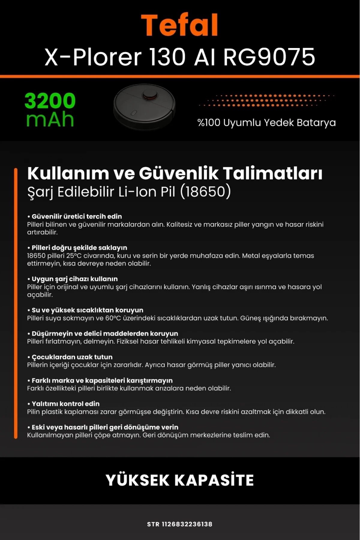 Tefal X-Plorer Serie 130 AI RG9075 Uyumlu 3200mAh Yüksek Kapasite Robot Süpürge Bataryası