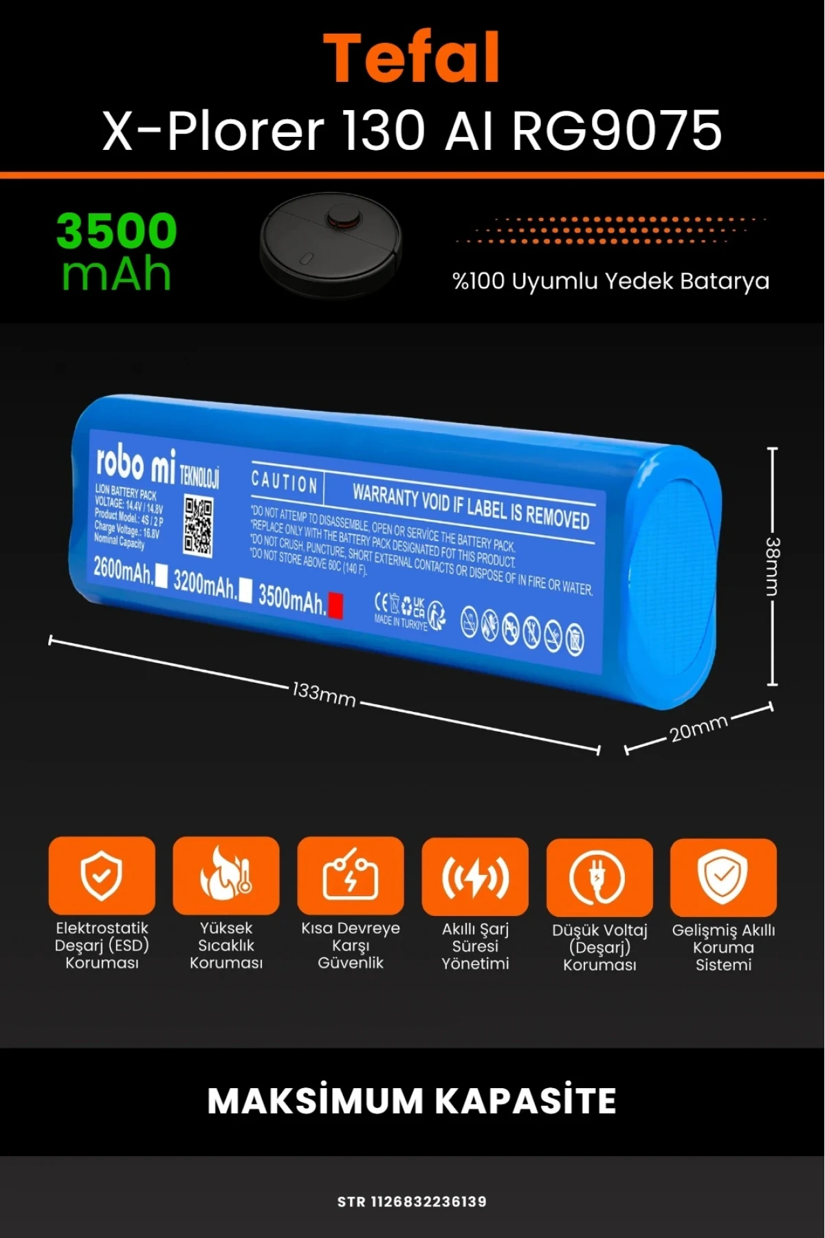 Tefal X-Plorer Serie 130 AI RG9075 Uyumlu 3500mAh Maksimum Yüksek Kapasite Robot Süpürge Bataryası