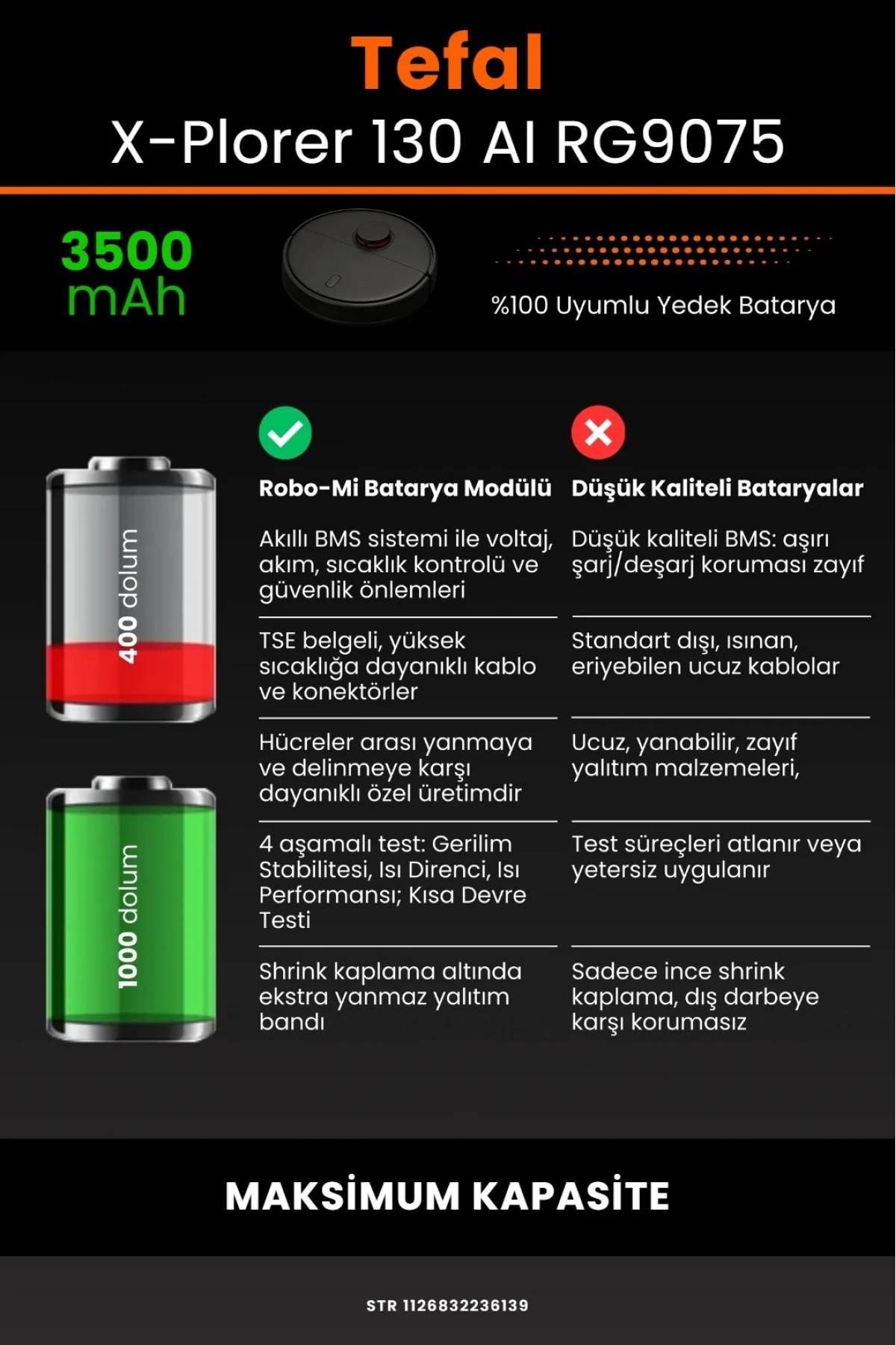 Tefal X-Plorer Serie 130 AI RG9075 Uyumlu 3500mAh Maksimum Yüksek Kapasite Robot Süpürge Bataryası