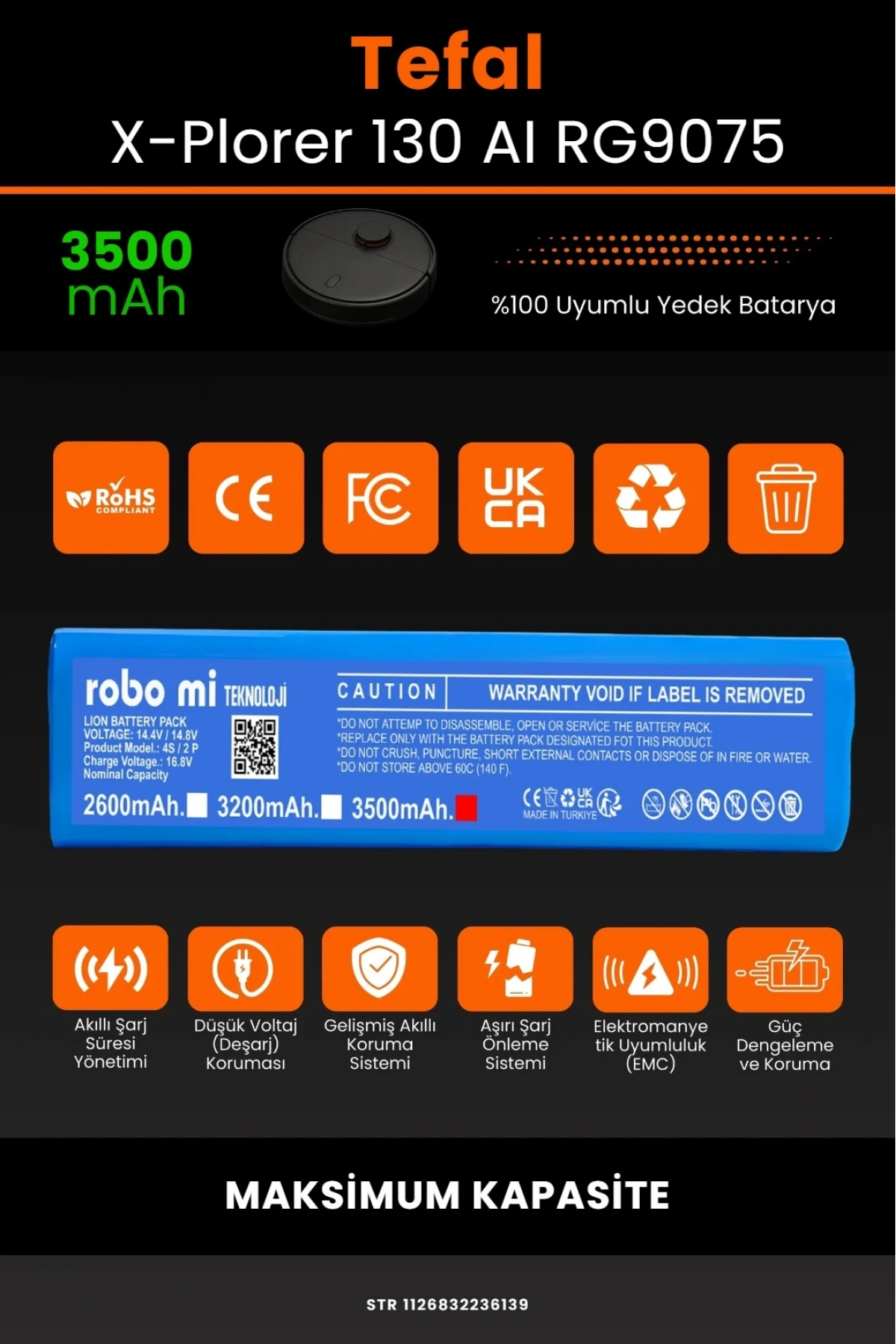 Tefal X-Plorer Serie 130 AI RG9075 Uyumlu 3500mAh Maksimum Yüksek Kapasite Robot Süpürge Bataryası