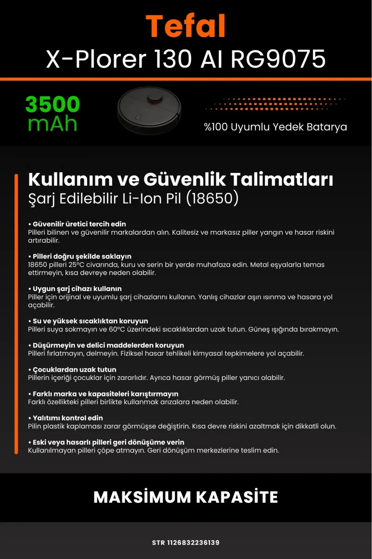 Tefal X-Plorer Serie 130 AI RG9075 Uyumlu 3500mAh Maksimum Yüksek Kapasite Robot Süpürge Bataryası
