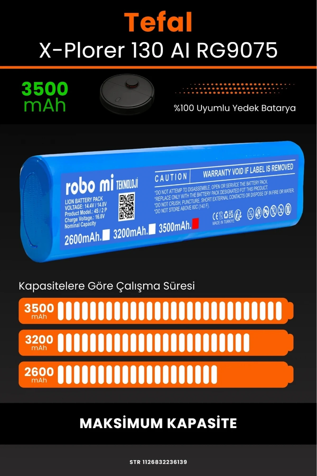 Tefal X-Plorer Serie 130 AI RG9075 Uyumlu 3500mAh Maksimum Yüksek Kapasite Robot Süpürge Bataryası