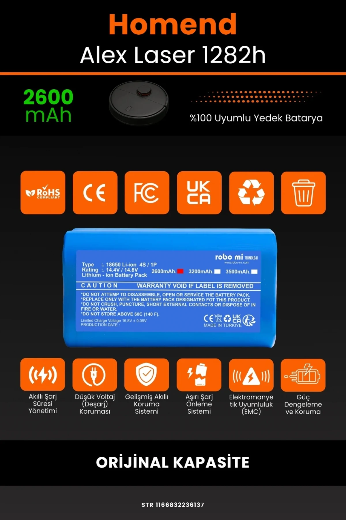 Homend Alex Laser 1282h 2600mAh Robot Süpürge Bataryası - Gerçek Kapasite, Maksimum Güvenlik