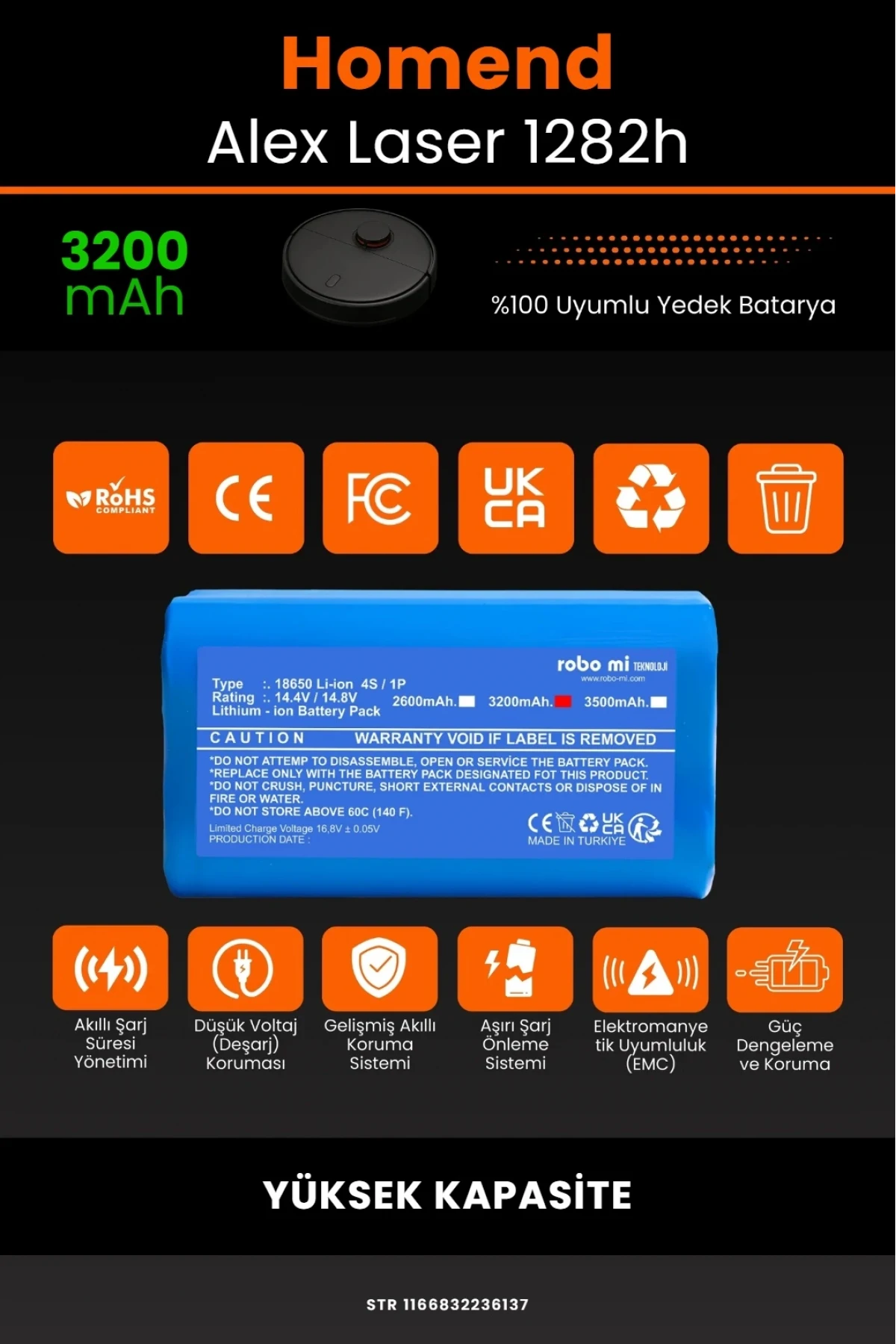 Homend Alex Laser 1282h 3200mAh Robot Süpürge Bataryası - Gerçek Kapasite, Maksimum Güvenlik