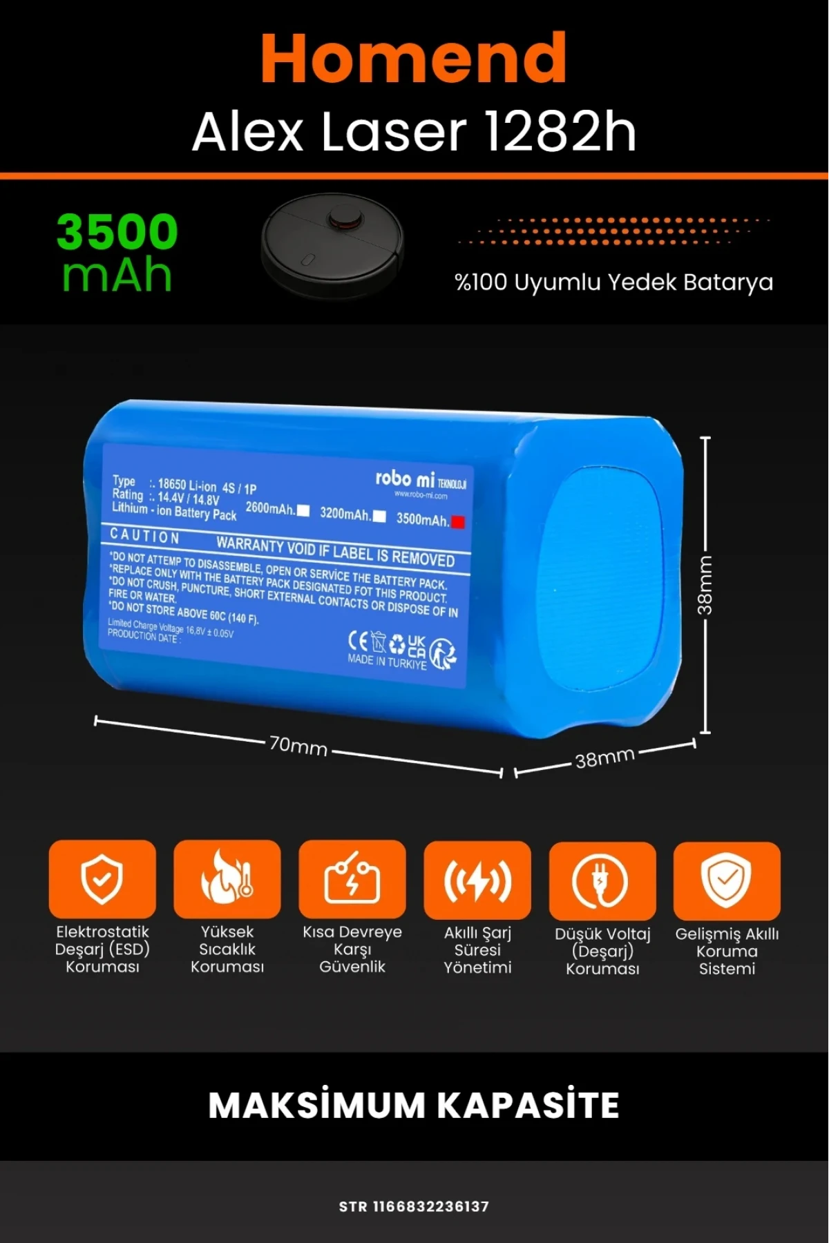 Homend Alex Laser 1282h 3500mAh Robot Süpürge Bataryası - Gerçek Kapasite, Maksimum Güvenlik