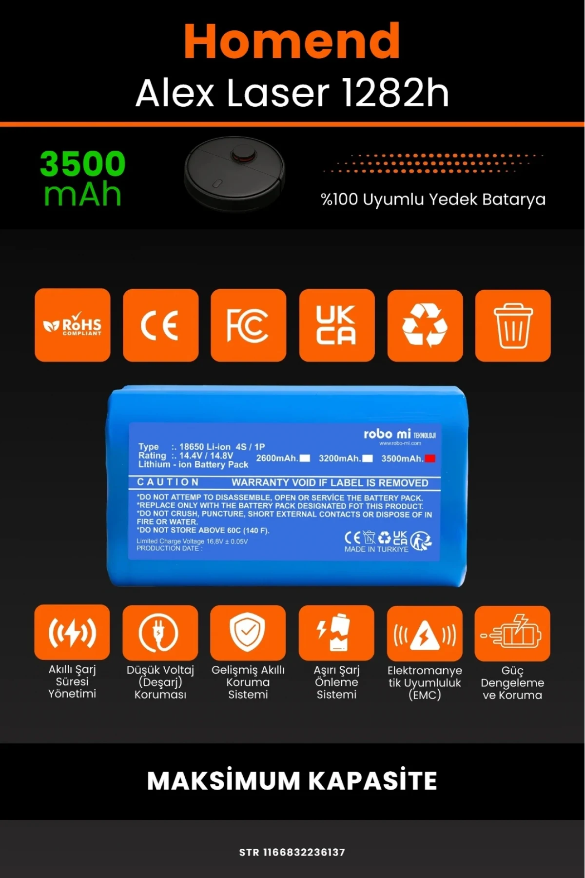 Homend Alex Laser 1282h 3500mAh Robot Süpürge Bataryası - Gerçek Kapasite, Maksimum Güvenlik