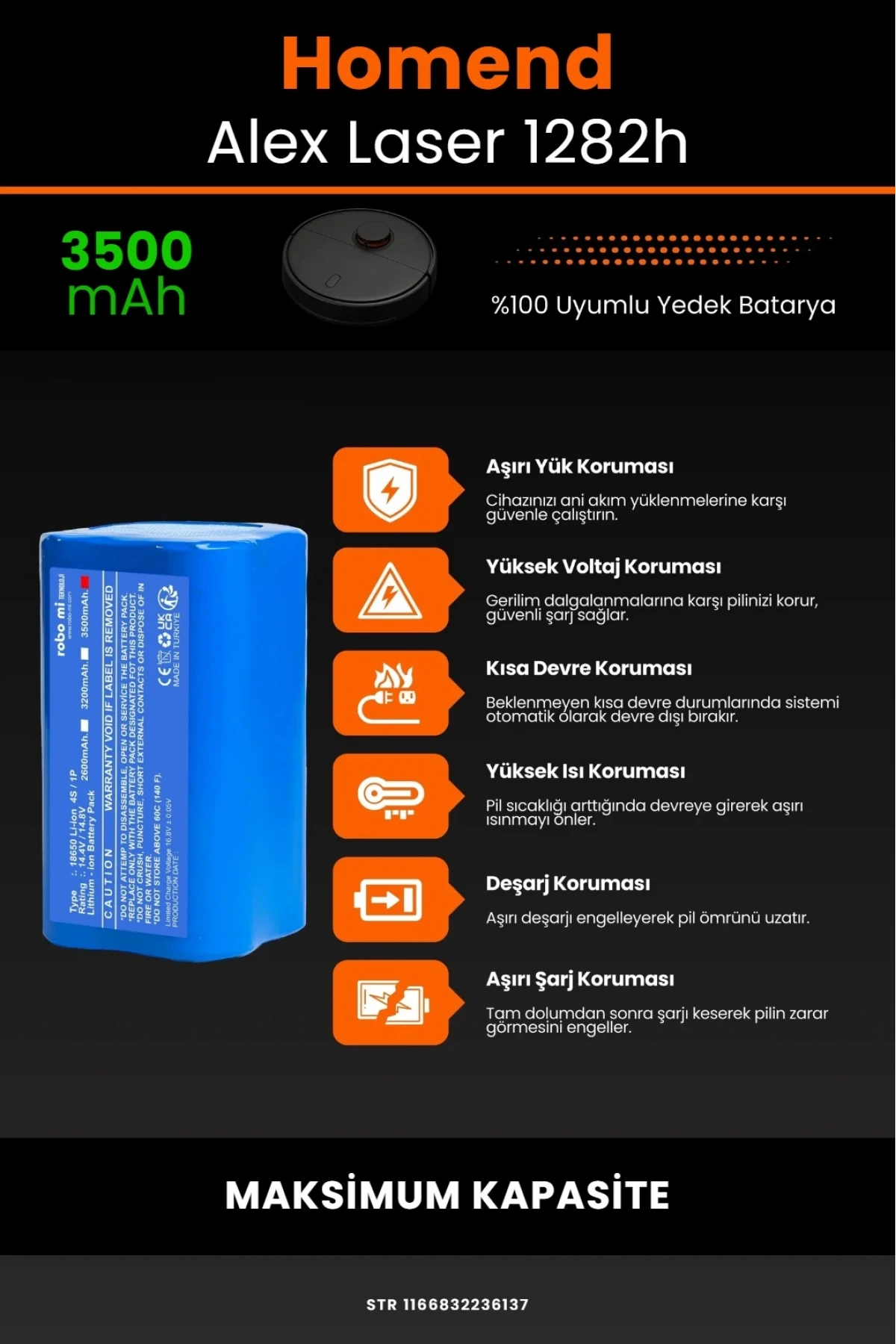 Homend Alex Laser 1282h 3500mAh Robot Süpürge Bataryası - Gerçek Kapasite, Maksimum Güvenlik