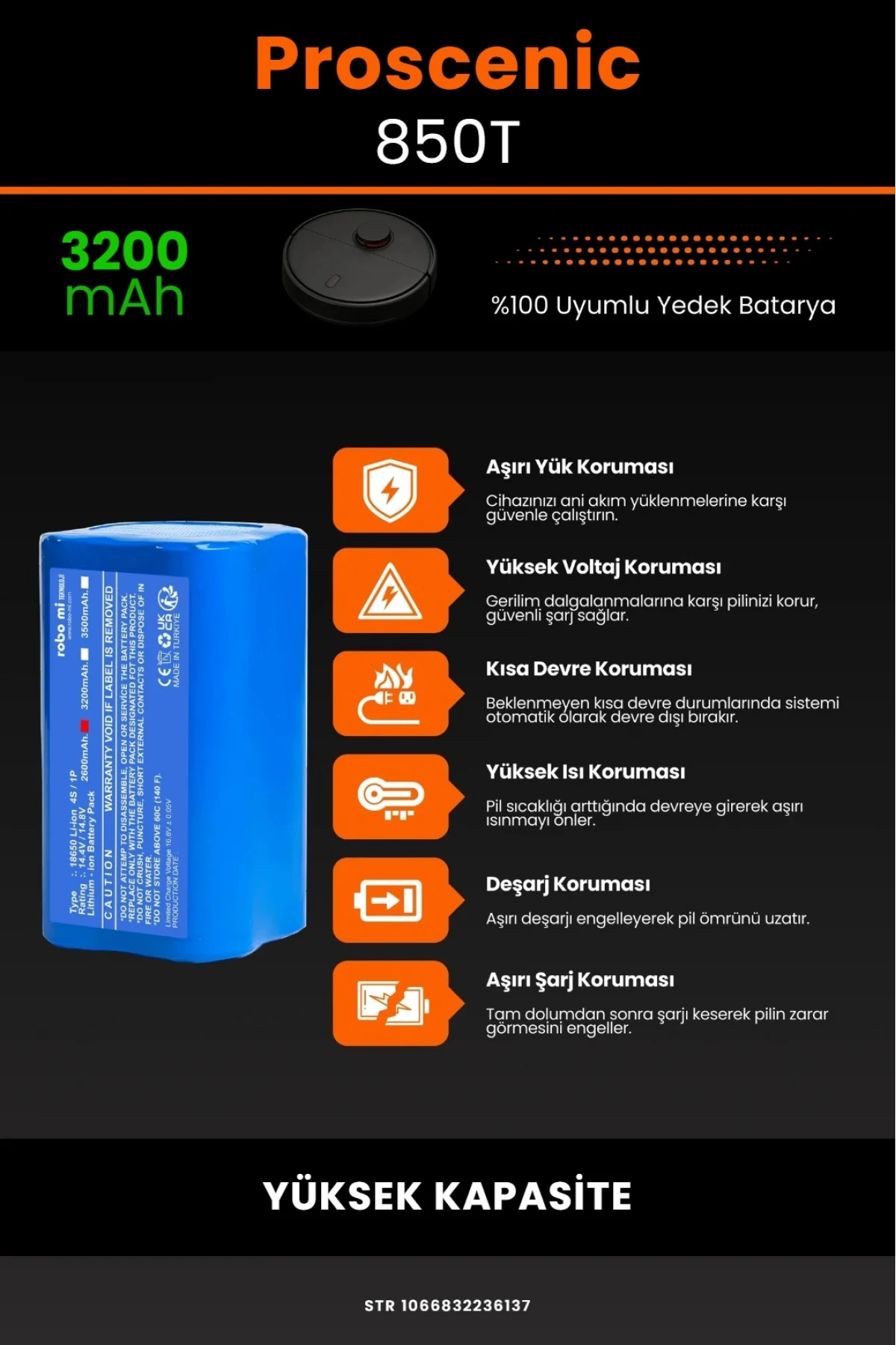 Proscenic 850T Uyumlu 3200mAh Yüksek Kapasiteli Lityum Batarya - Pil