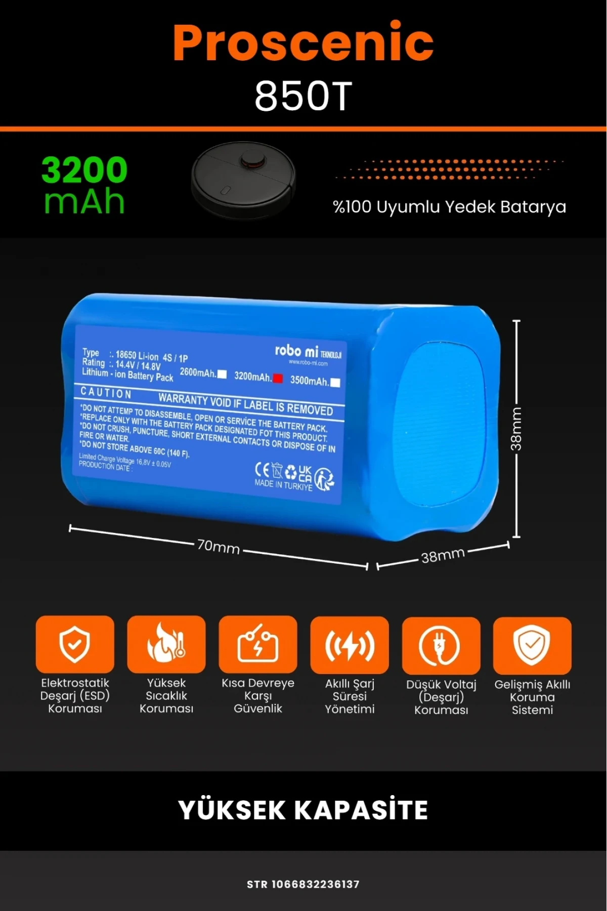 Proscenic 850T Uyumlu 3200mAh Yüksek Kapasiteli Lityum Batarya - Pil