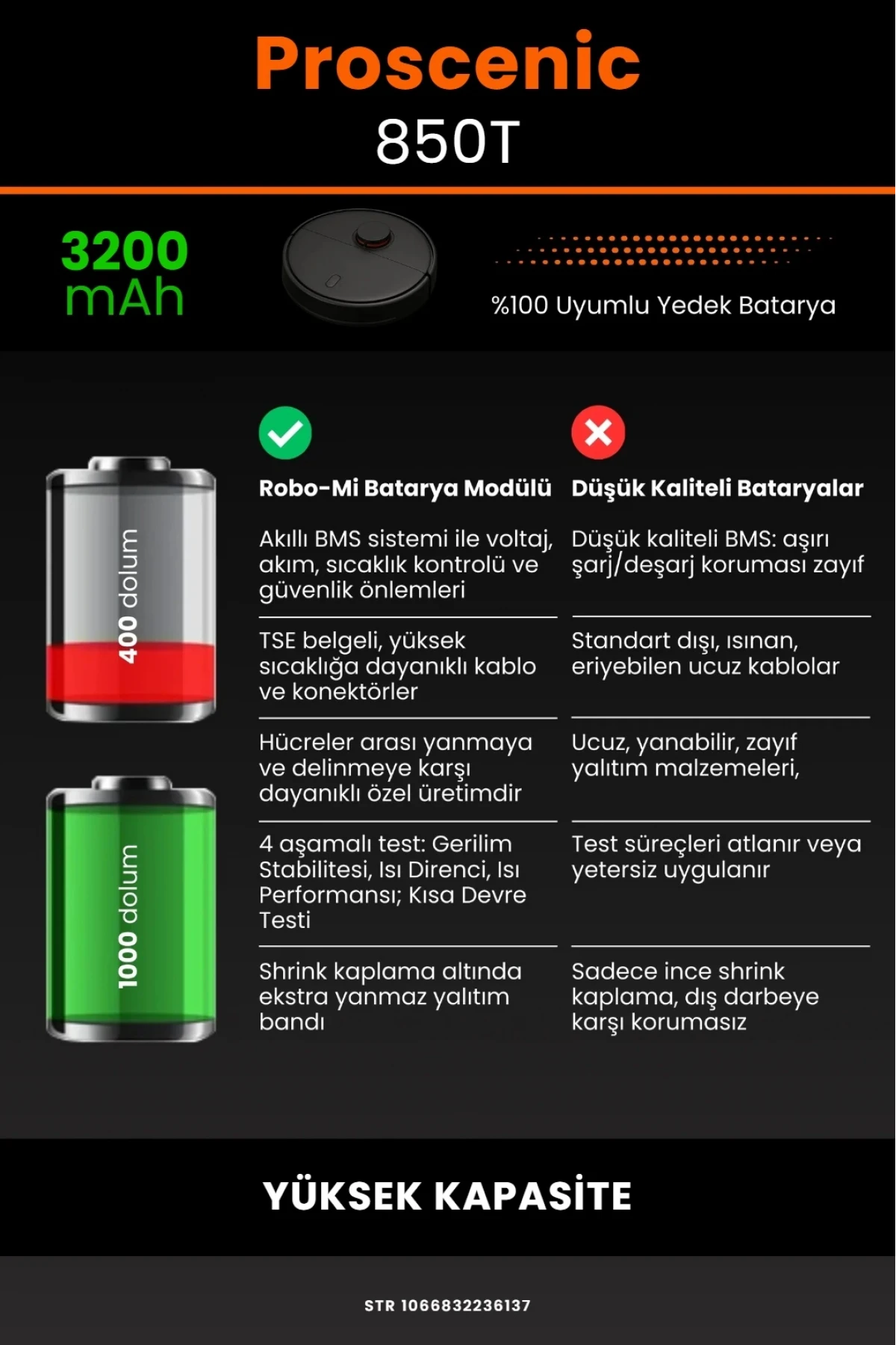 Proscenic 850T Uyumlu 3200mAh Yüksek Kapasiteli Lityum Batarya - Pil