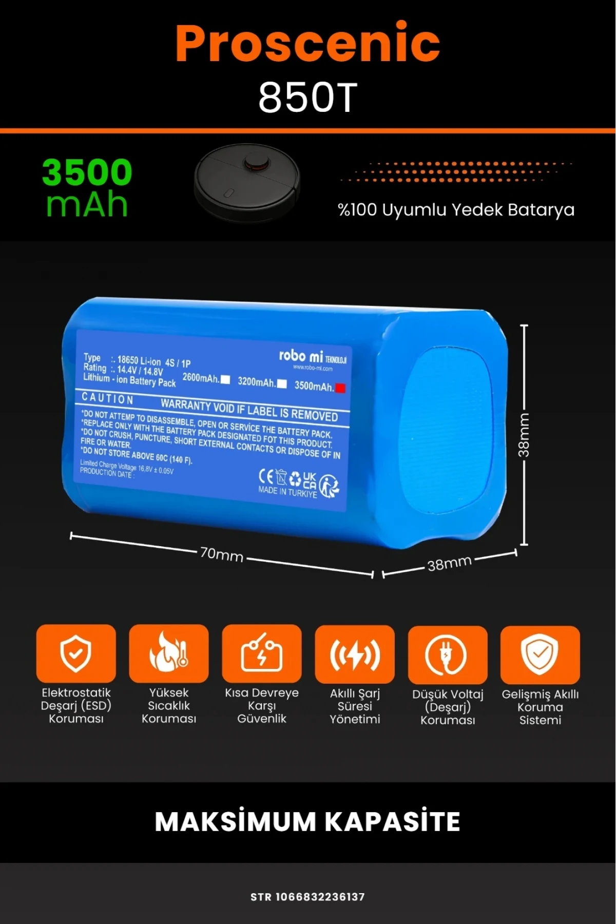 Proscenic 850T Uyumlu 3500mAh Maksimum Yüksek Kapasiteli Lityum Batarya - Pil