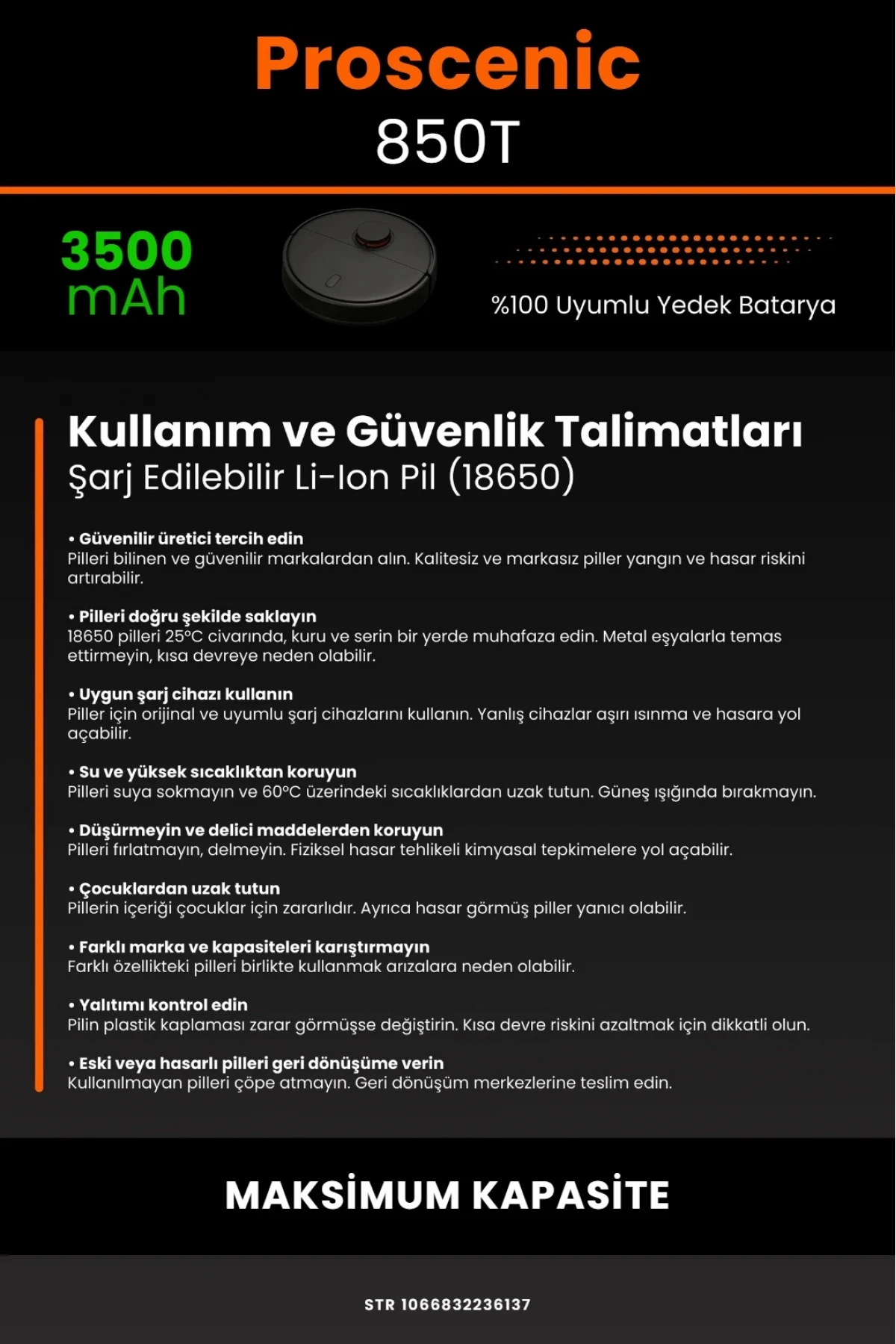 Proscenic 850T Uyumlu 3500mAh Maksimum Yüksek Kapasiteli Lityum Batarya - Pil