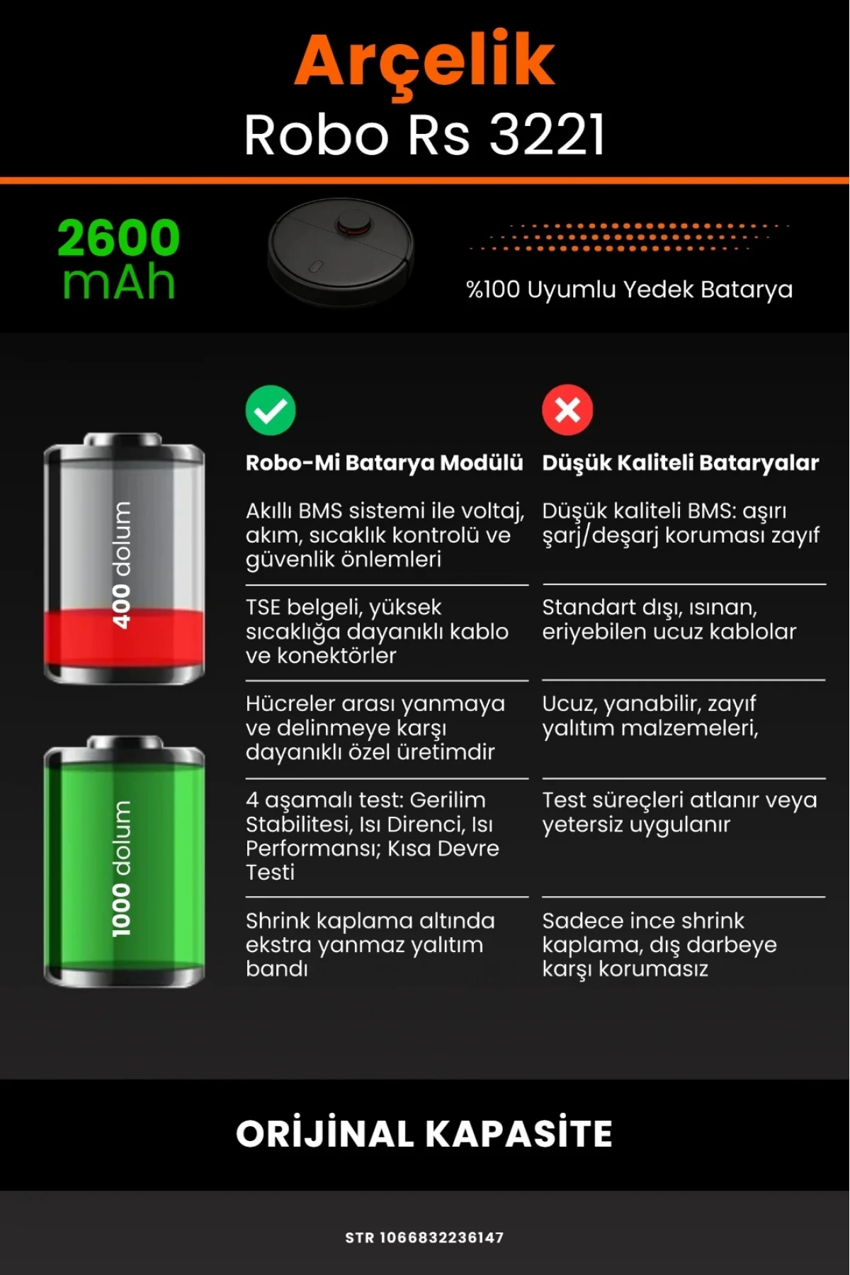 Arçelik Imperium Robo RS 3221 Uyumlu 2600mAh Yedek Batarya - Orijinal Kapasite