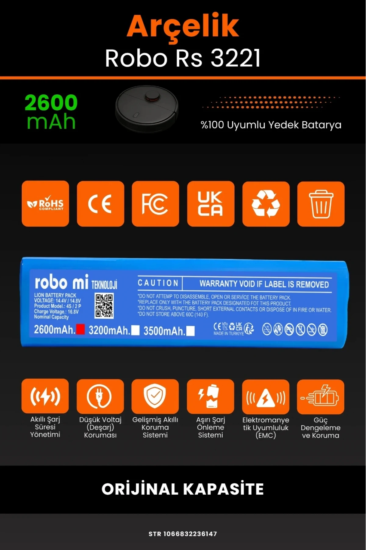 Arçelik Imperium Robo RS 3221 Uyumlu 2600mAh Yedek Batarya - Orijinal Kapasite