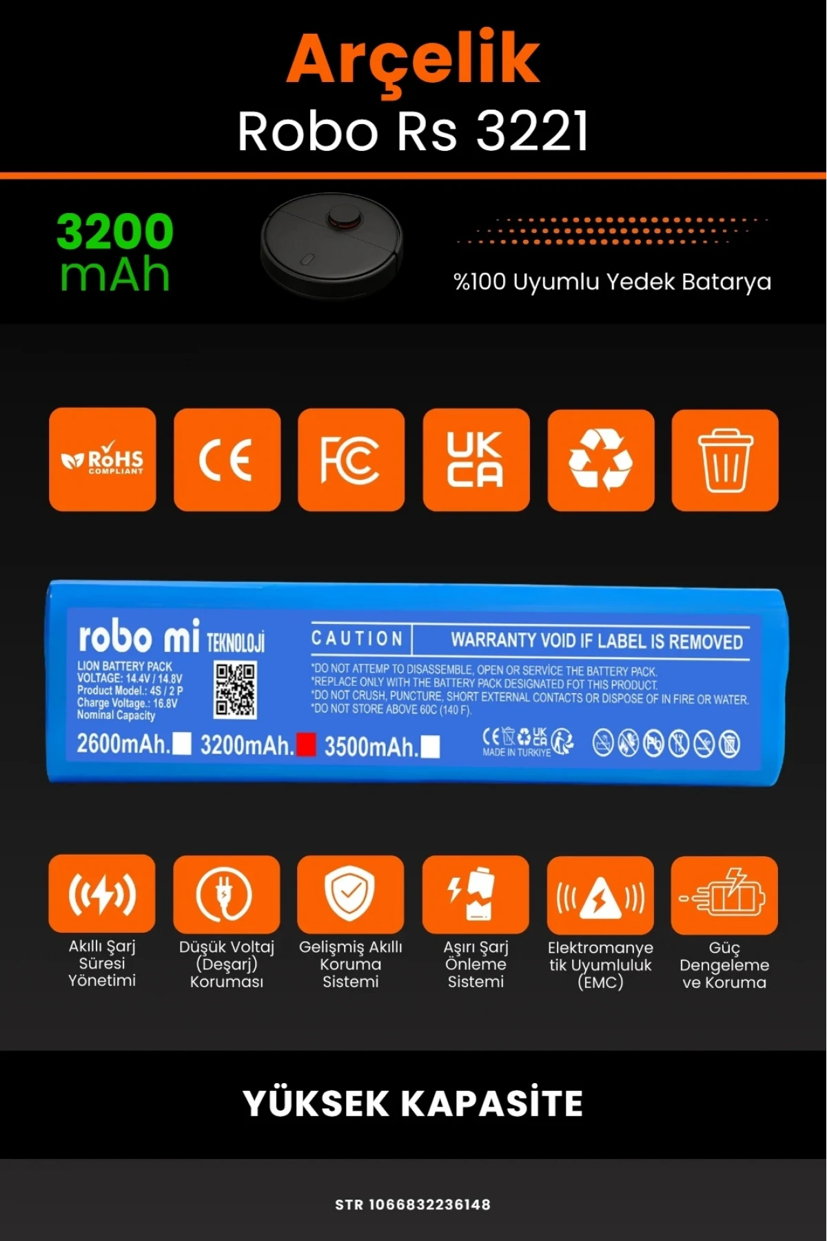 Arçelik Imperium Robo RS 3221 Uyumlu 3200mAh Yedek Batarya - Yüksek Kapasite