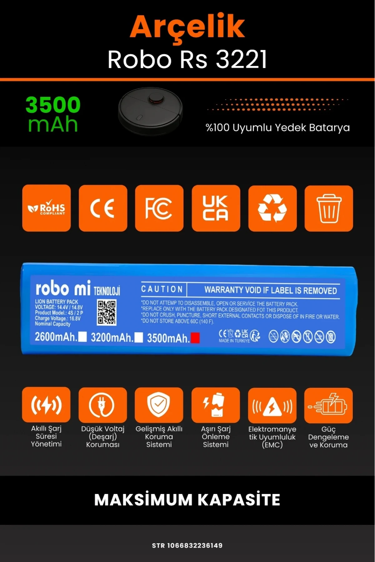 Arçelik Imperium Robo RS 3221 Uyumlu 3500mAh Yedek Batarya - Maksimum Kapasite