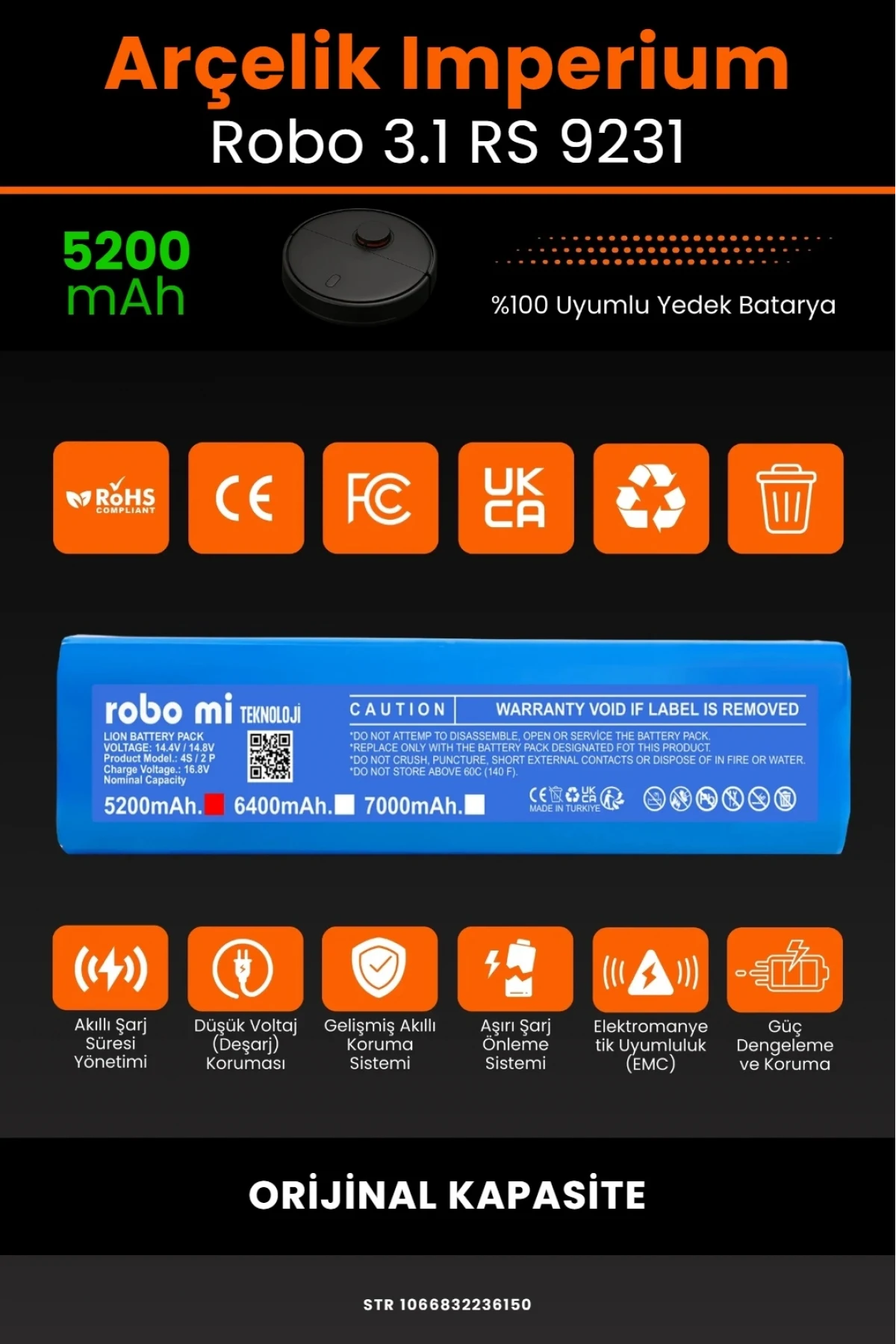 Arçelik Imperium Uyumlu Robo 3.1 RS 9231 Robot Süpürge Bataryası - 5200mAh Orijinal Kapasite