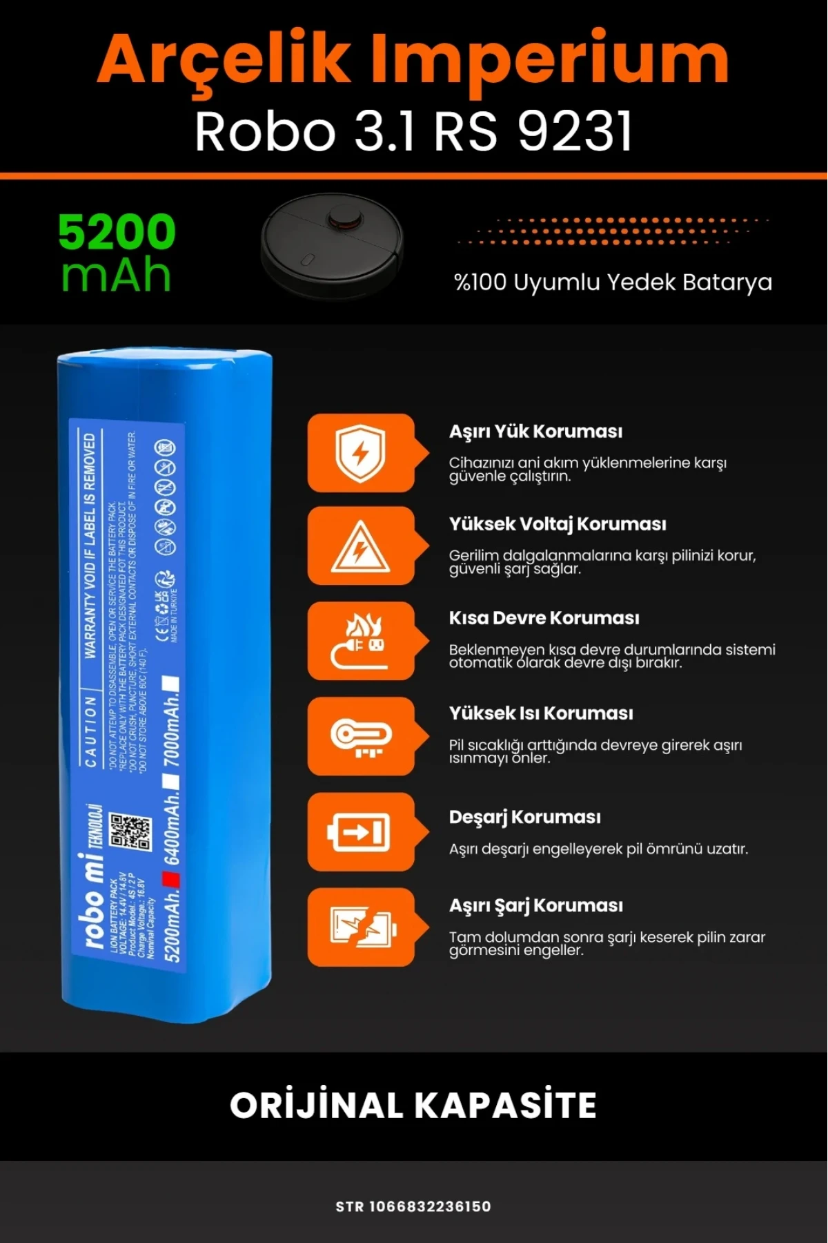 Arçelik Imperium Uyumlu Robo 3.1 RS 9231 Robot Süpürge Bataryası - 5200mAh Orijinal Kapasite