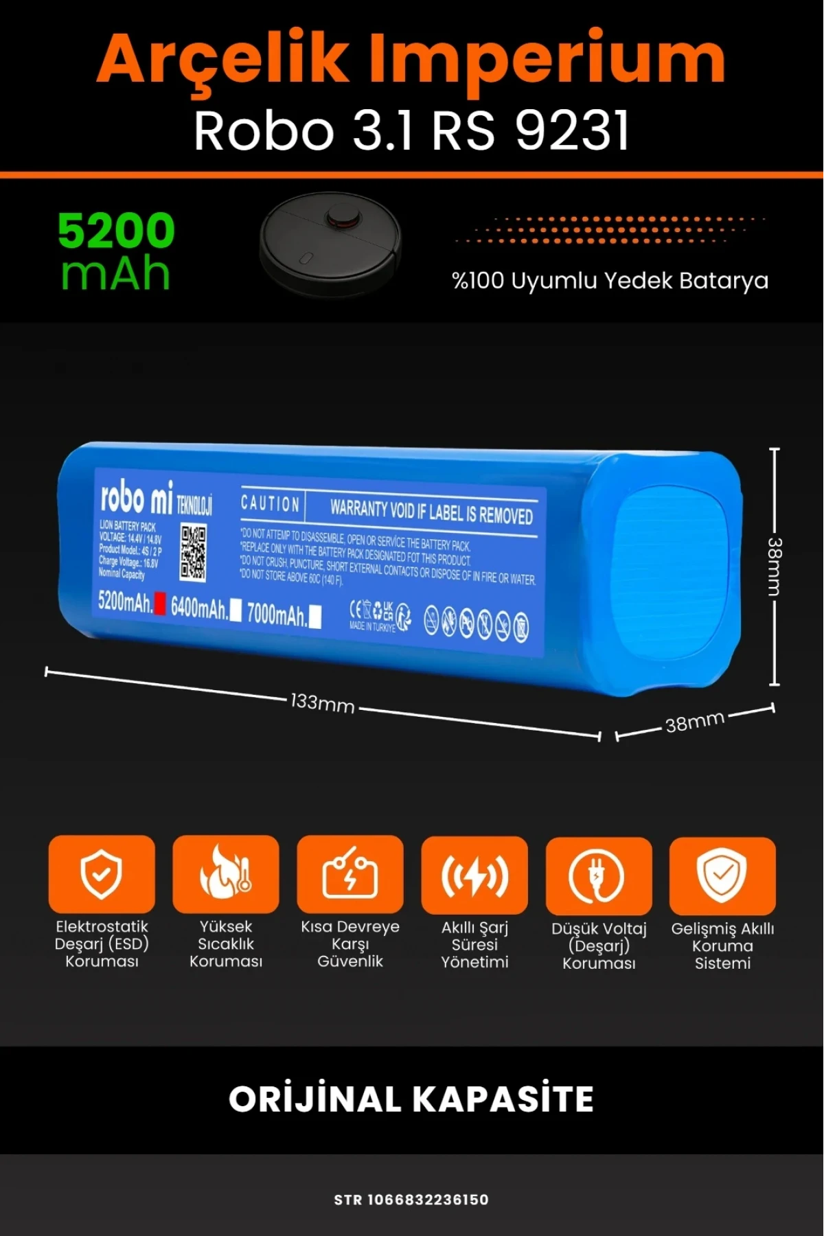 Arçelik Imperium Uyumlu Robo 3.1 RS 9231 Robot Süpürge Bataryası - 5200mAh Orijinal Kapasite