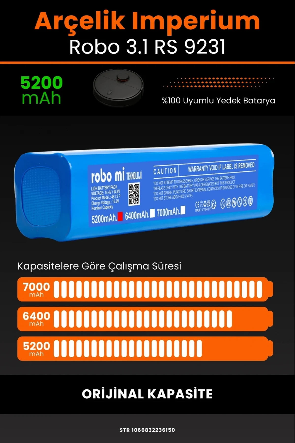 Arçelik Imperium Uyumlu Robo 3.1 RS 9231 Robot Süpürge Bataryası - 5200mAh Orijinal Kapasite