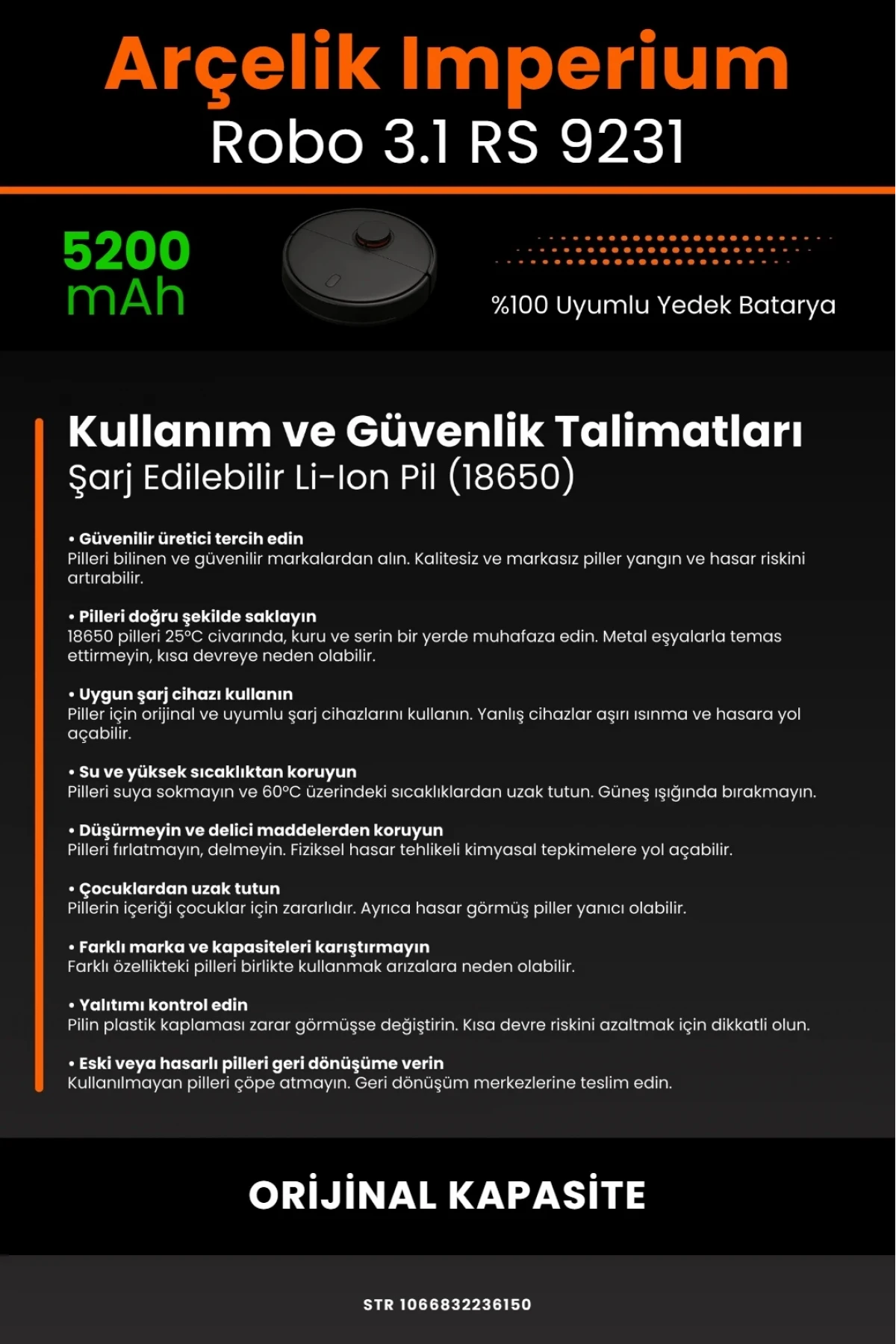 Arçelik Imperium Uyumlu Robo 3.1 RS 9231 Robot Süpürge Bataryası - 5200mAh Orijinal Kapasite