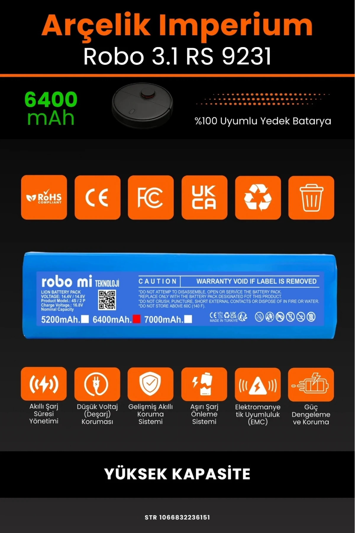 Arçelik Imperium Uyumlu Robo 3.1 RS 9231 Robot Süpürge Bataryası - 6400mAh Yüksek Kapasite