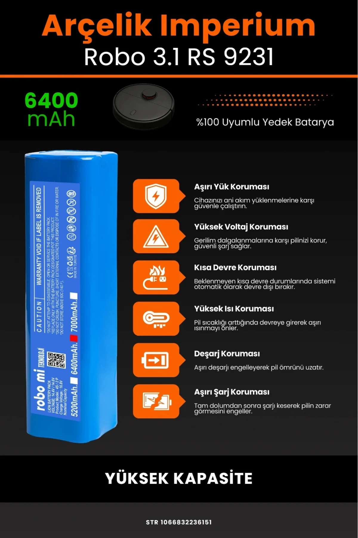Arçelik Imperium Uyumlu Robo 3.1 RS 9231 Robot Süpürge Bataryası - 6400mAh Yüksek Kapasite
