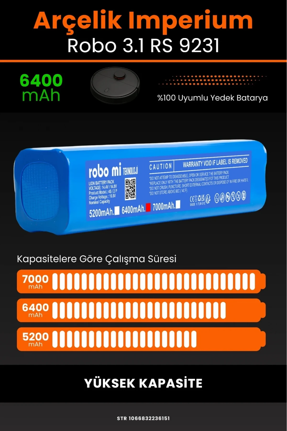 Arçelik Imperium Uyumlu Robo 3.1 RS 9231 Robot Süpürge Bataryası - 6400mAh Yüksek Kapasite